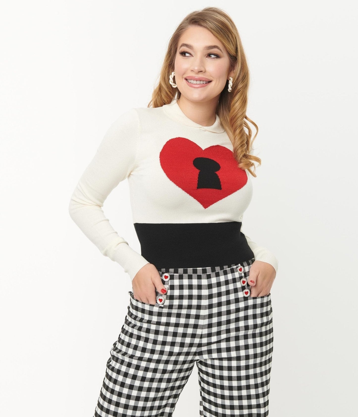 Unique Vintage Cream & Red Locked Heart Sweater