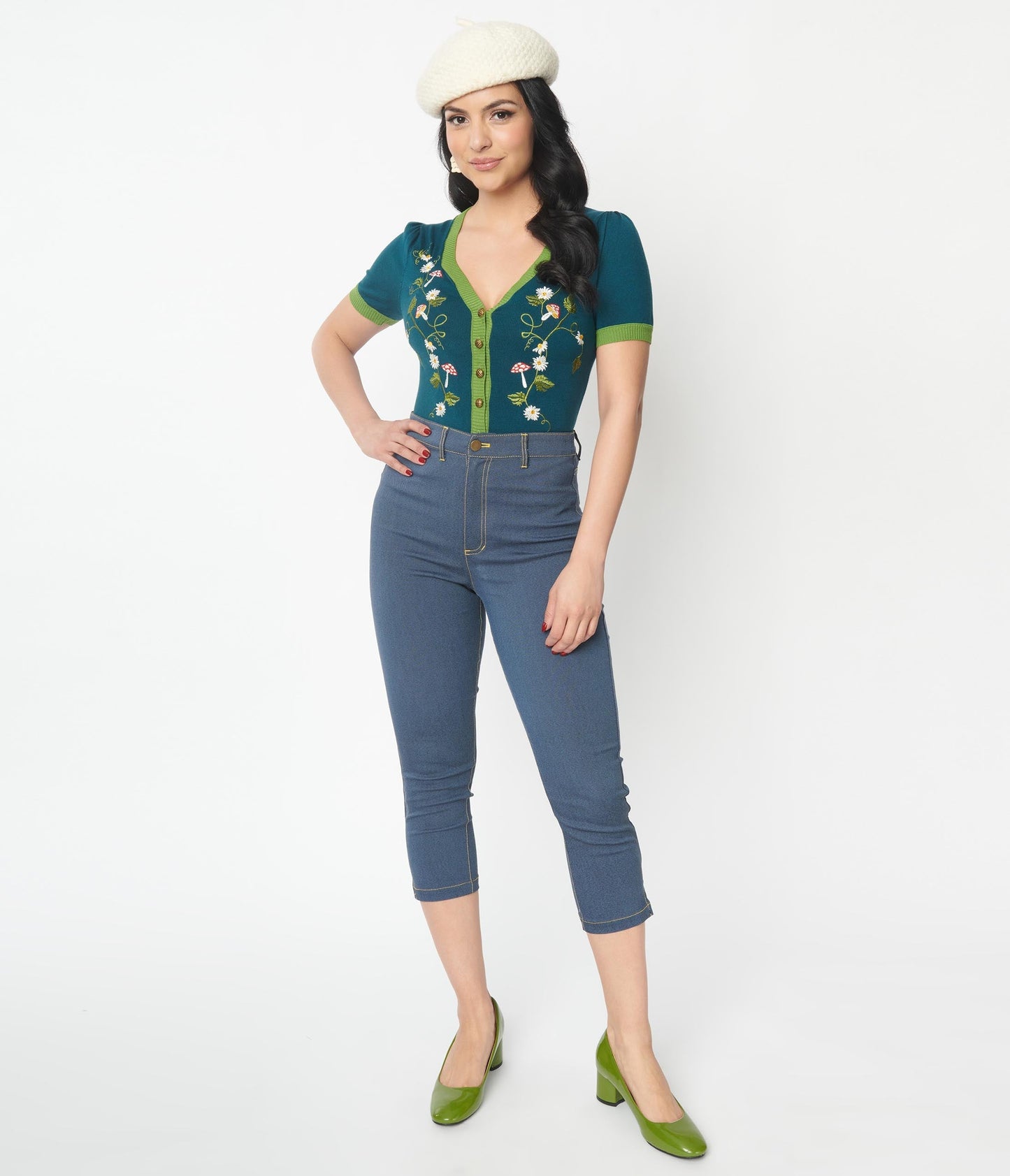 Unique Vintage Denim Mushroom & Daisy Embroidered Rachelle Capri Pants