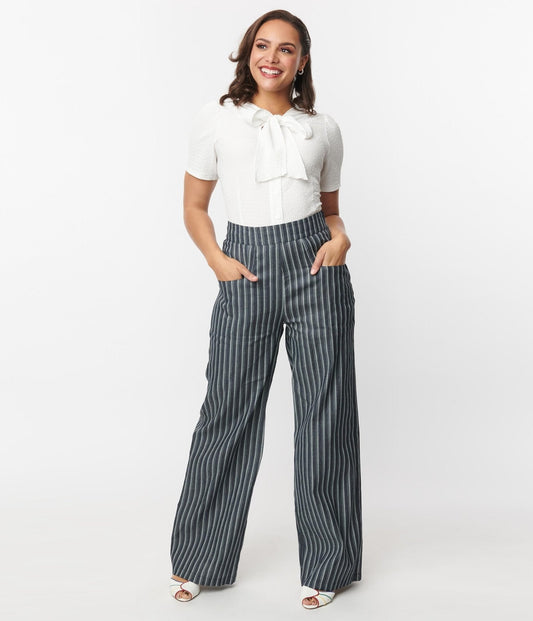 Unique Vintage 1940s Denim & White Stripe High Waist Sailor Ginger Pants