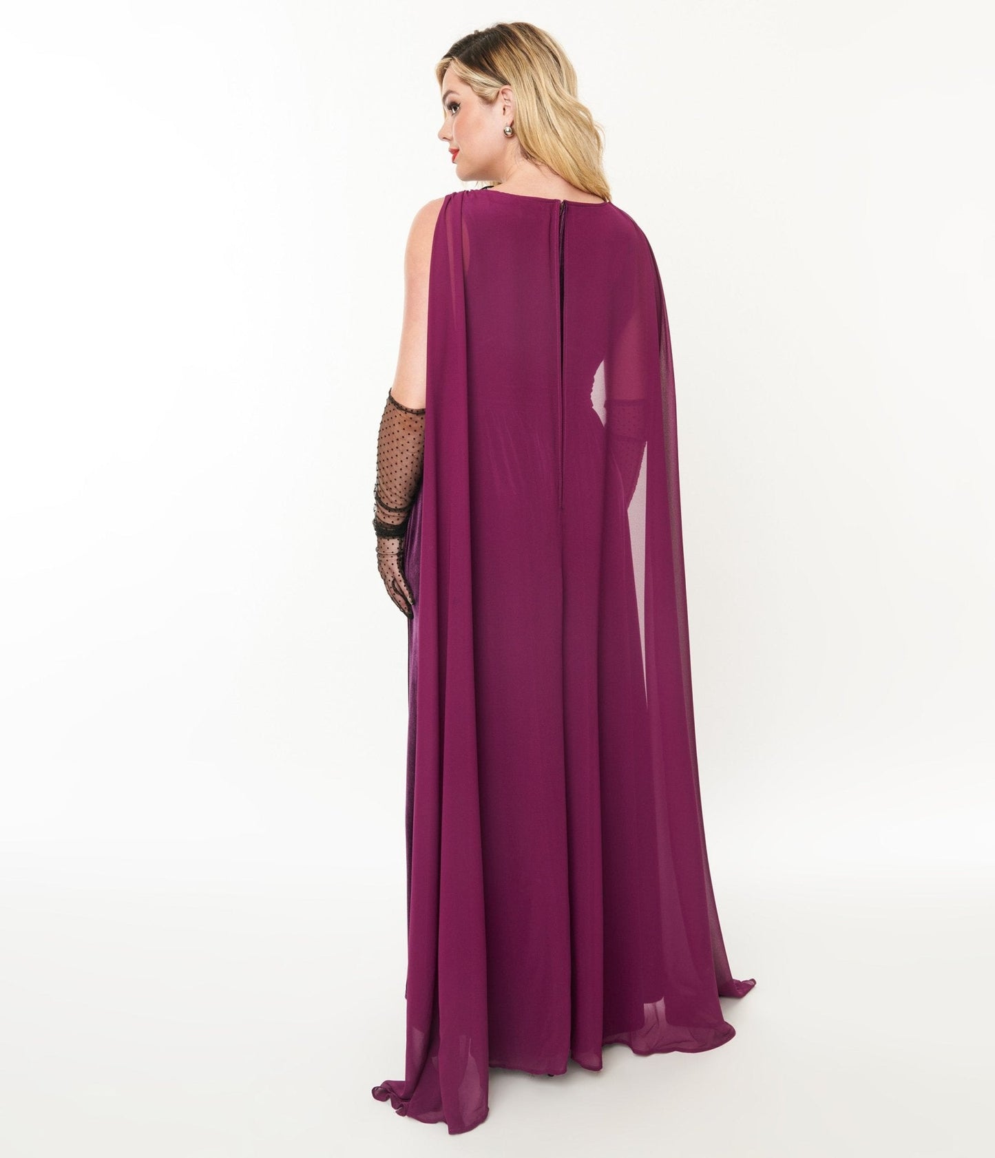 Unique Vintage Eggplant & Black Bat Velvet Cape Gown