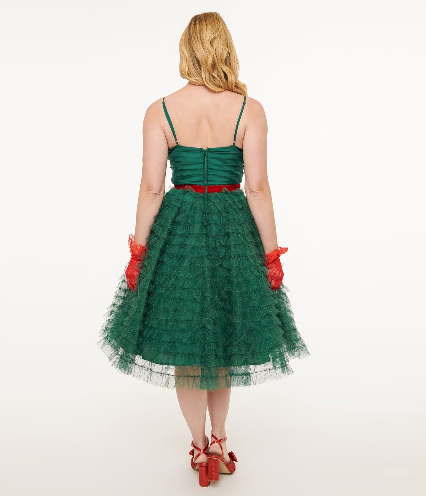 Unique Vintage Emerald Green & Red Ribbon Tulle Cupcake Swing Dress