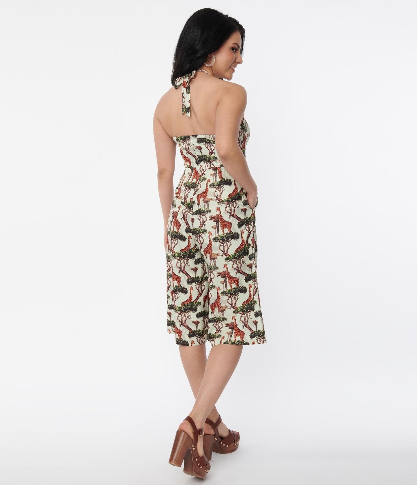 Unique Vintage 1970s Giraffe Print Halter Jumpsuit