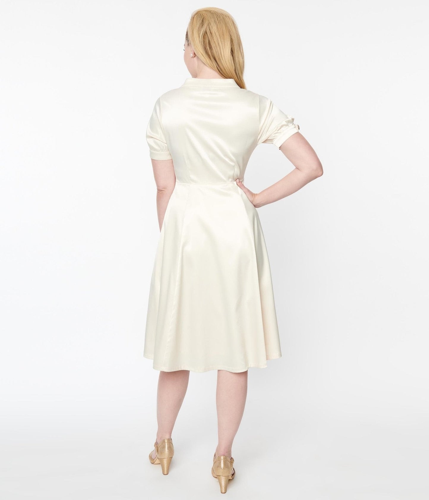 Unique Vintage Ivory Satin Button Bridal Swing Dress