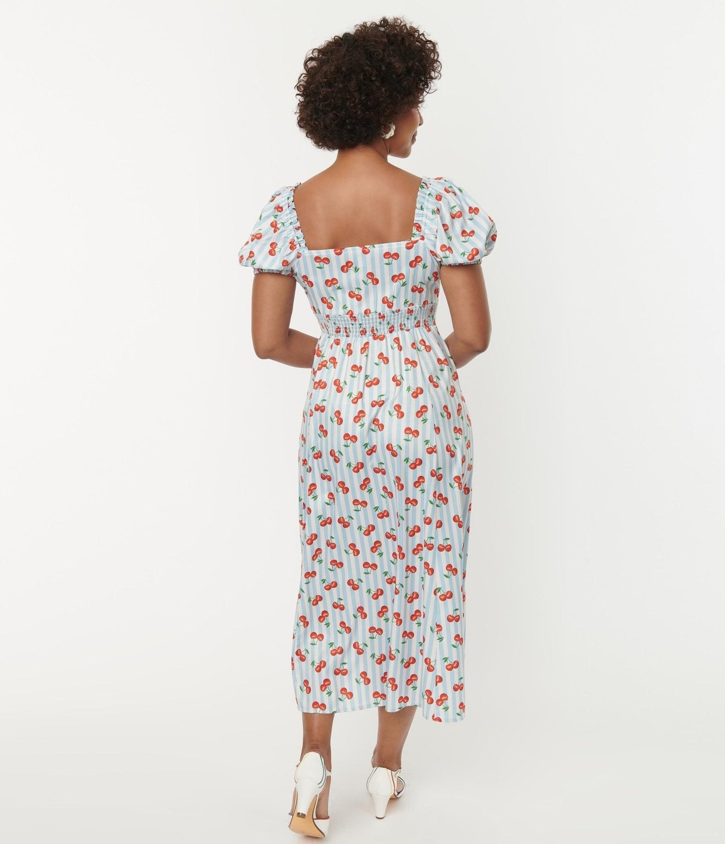 Unique Vintage 1940s Light Blue Stripe & Cherry Print Midi Dress