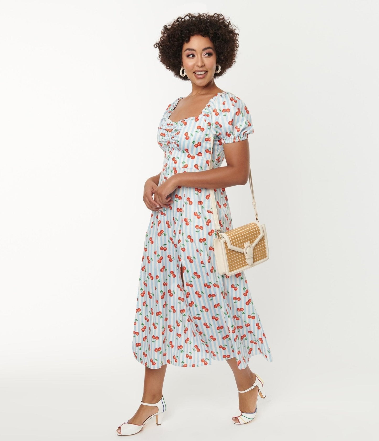 Unique Vintage 1940s Light Blue Stripe & Cherry Print Midi Dress