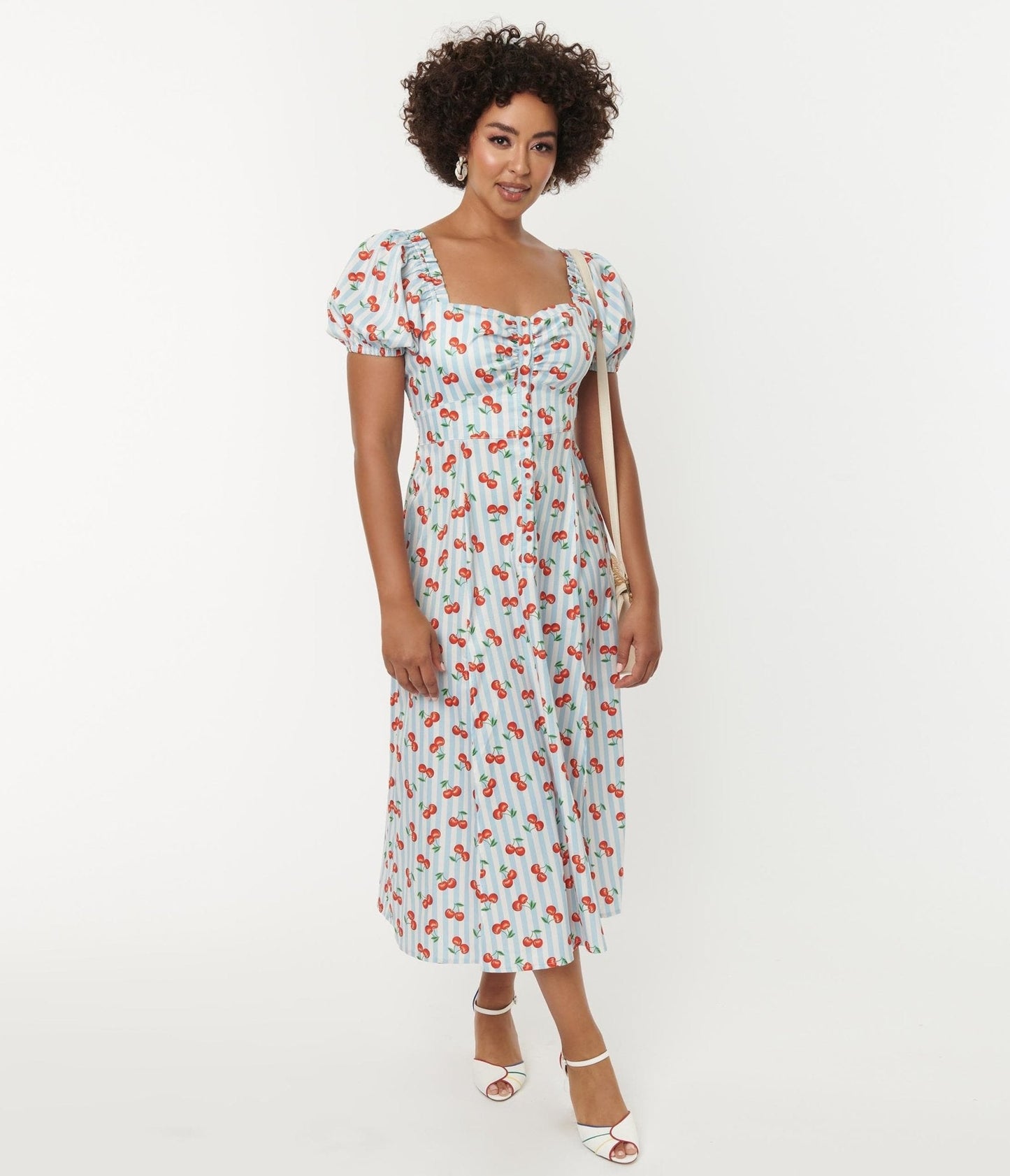 Unique Vintage 1940s Light Blue Stripe & Cherry Print Midi Dress