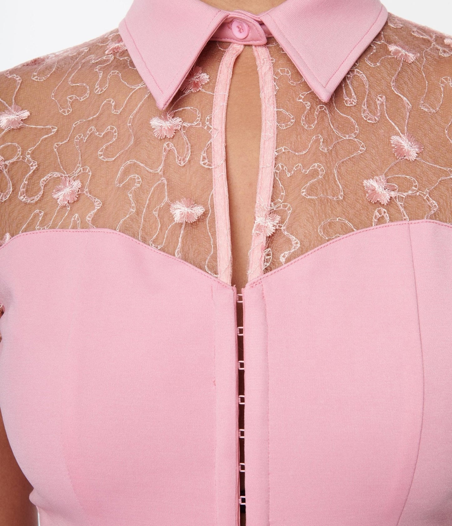 Unique Vintage Light Pink & Floral Mesh Sweetheart Top