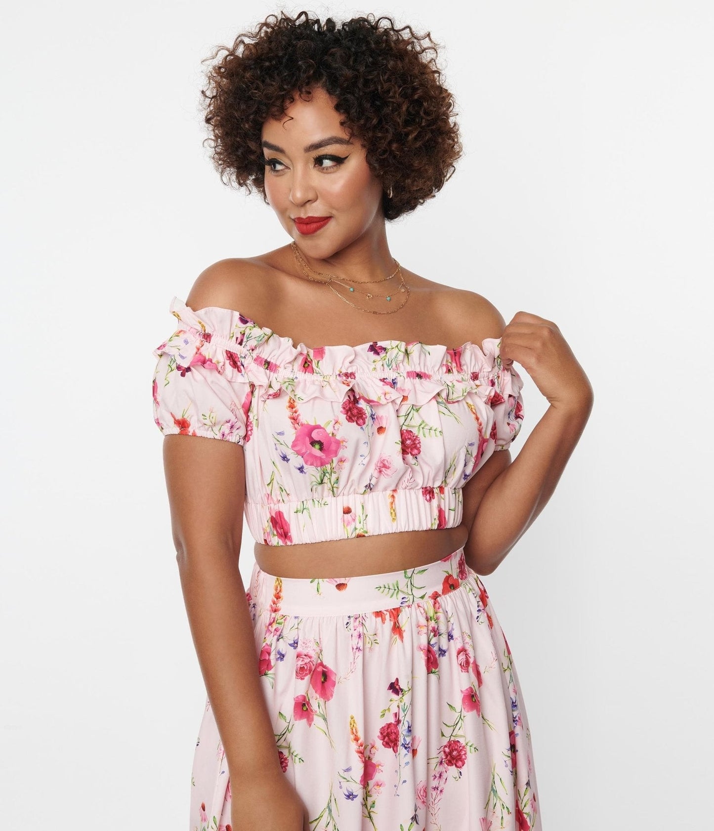 Unique Vintage 1970s Light Pink Floral Ruffle Up Crop Top