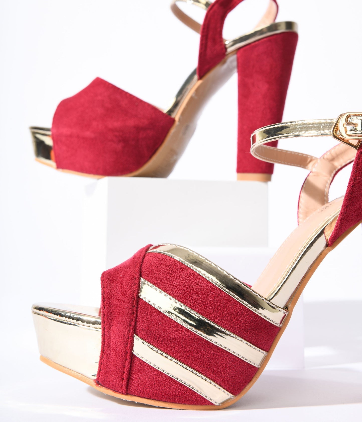 Unique Vintage Metallic Gold & Red Suede Platform Heels
