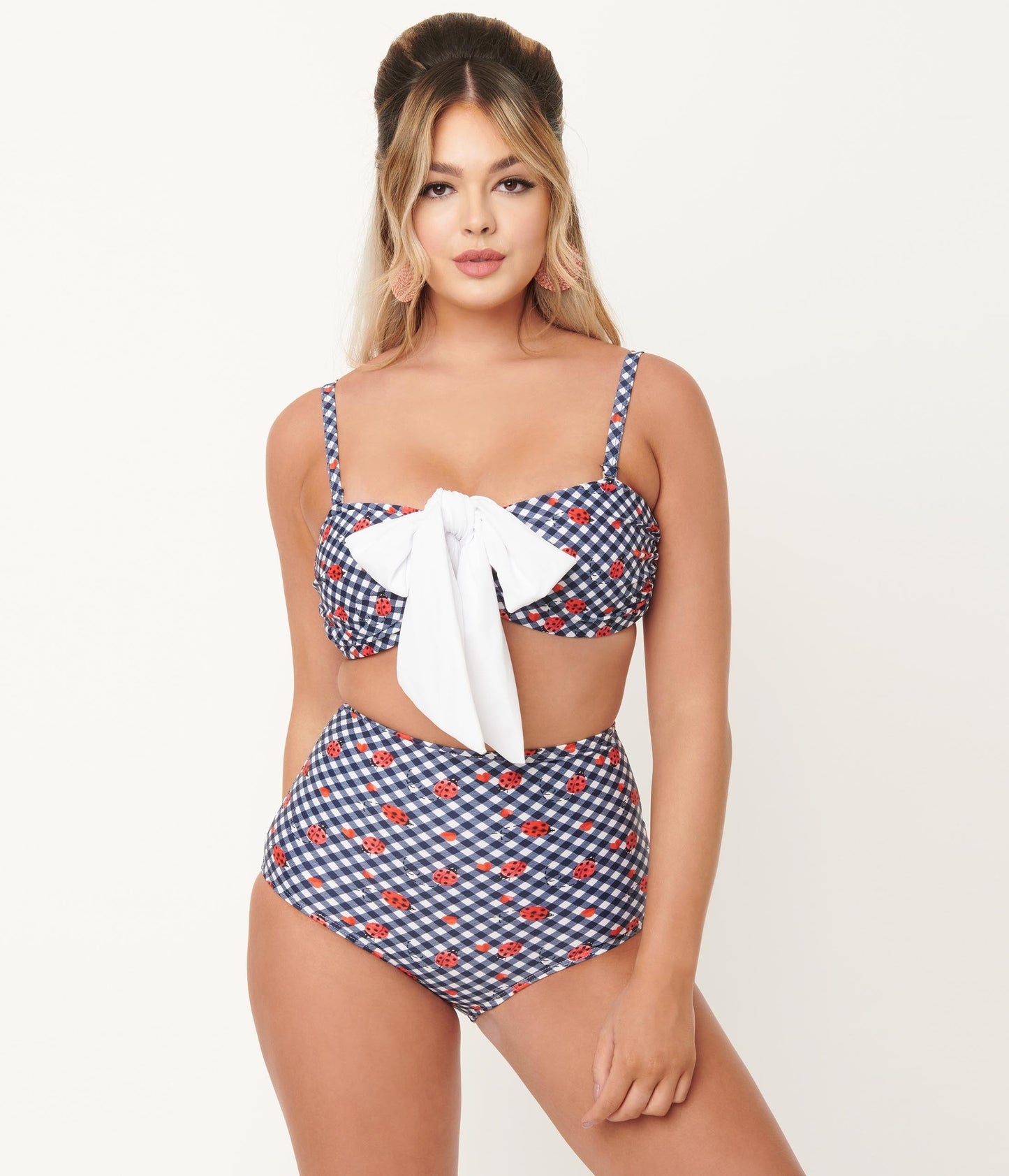 Unique Vintage Navy Gingham & Ladybug Print High Waist Louise Swim Bottom