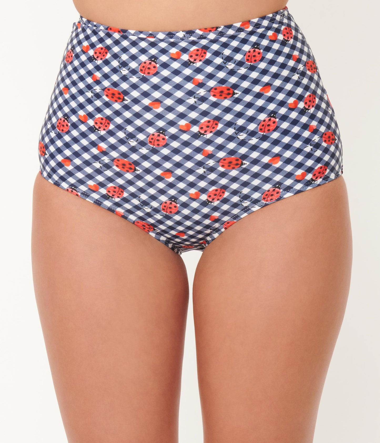Unique Vintage Navy Gingham & Ladybug Print High Waist Louise Swim Bottom