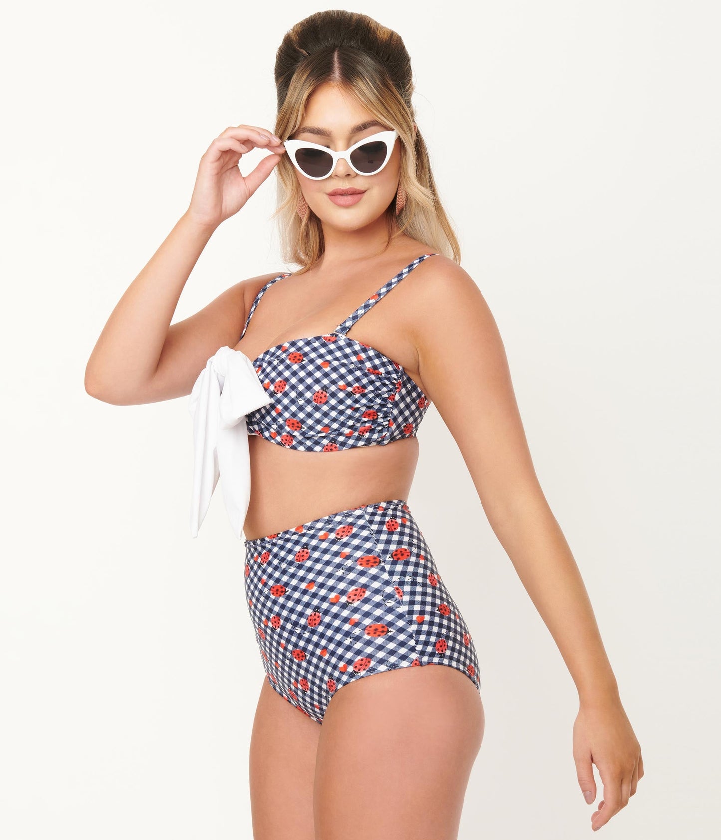 Unique Vintage Navy Gingham & Ladybug Print High Waist Louise Swim Bottom