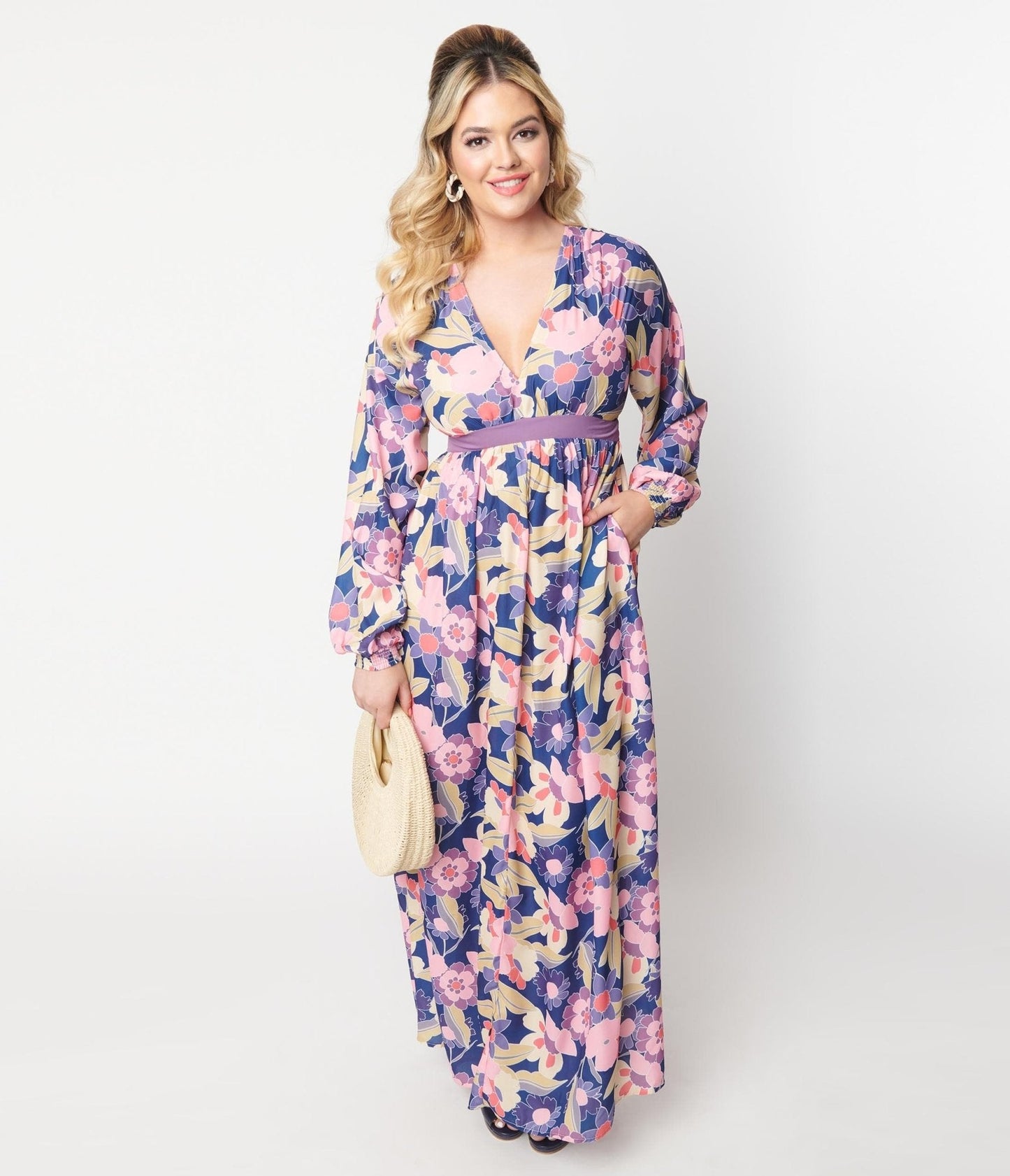 Unique Vintage 1970s Navy & Purple Floral Print Buttercup Maxi Dress