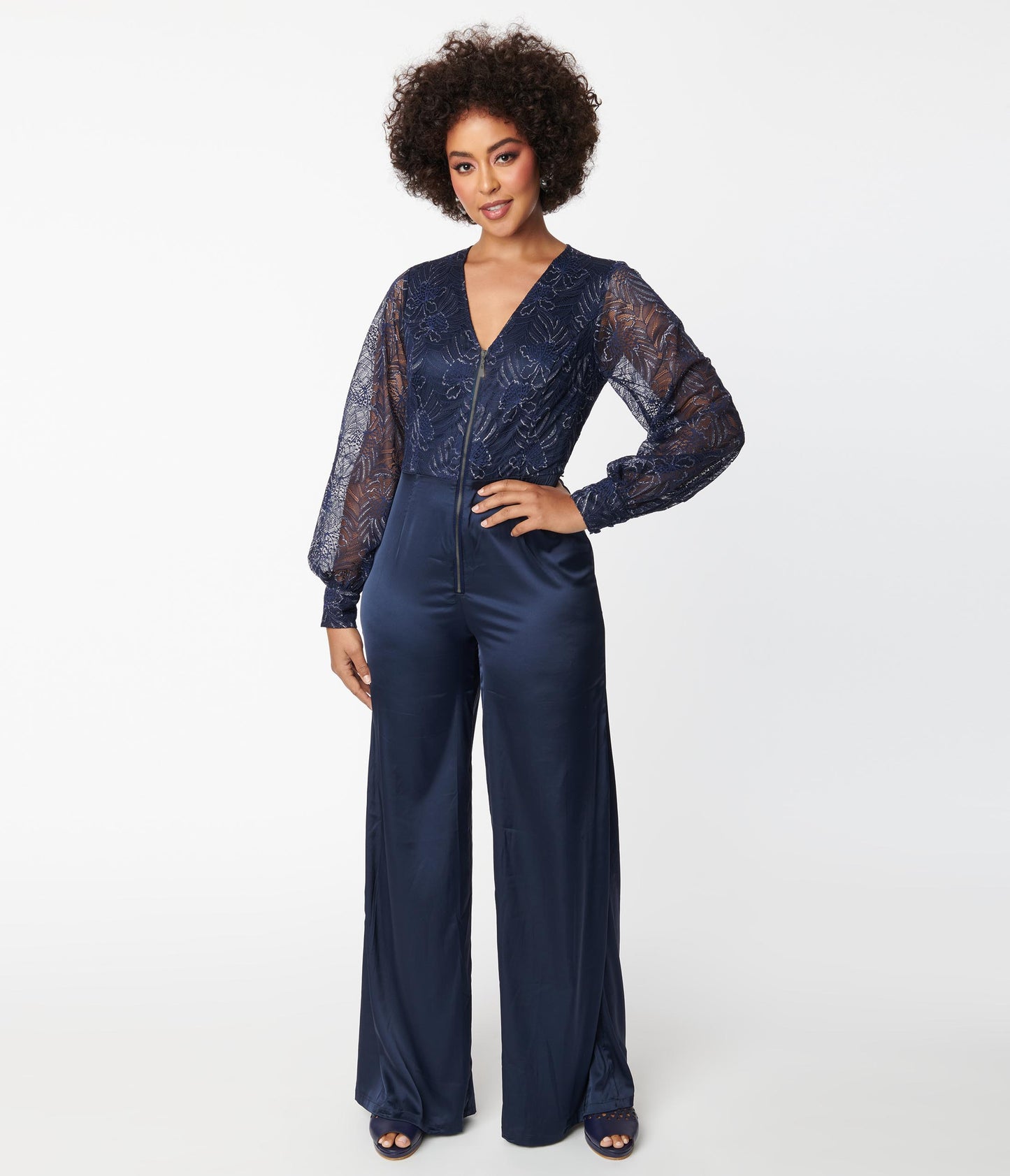 Unique Vintage Navy Sparkle Lace Jumpsuit & Skirt Overlay