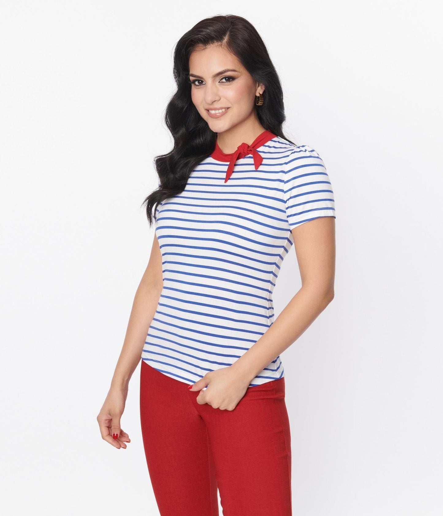 Unique Vintage Navy & White Striped Bow Sweetie Knit Top