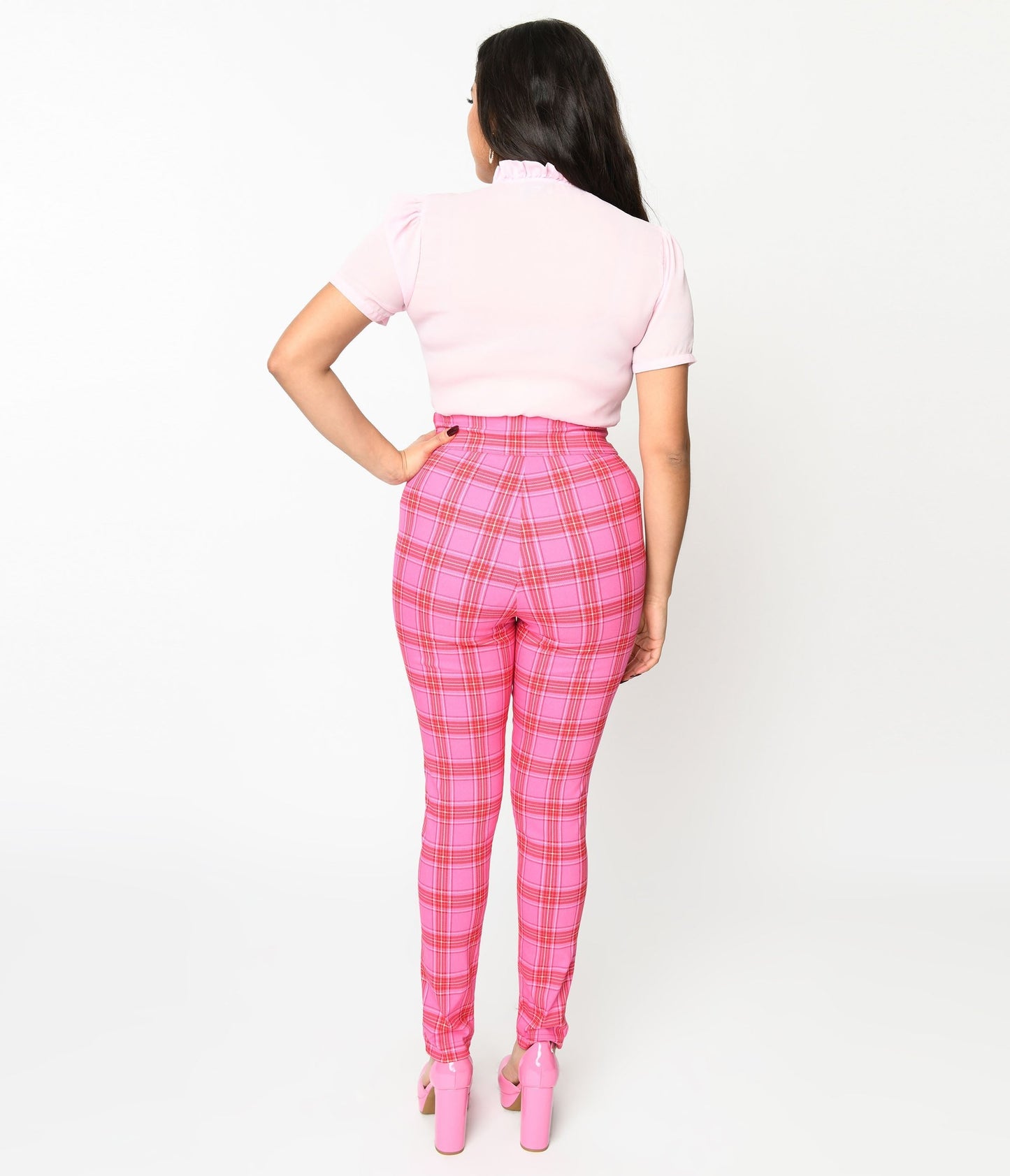 Unique Vintage Pink & Red Plaid High Waist Cigarette Pants