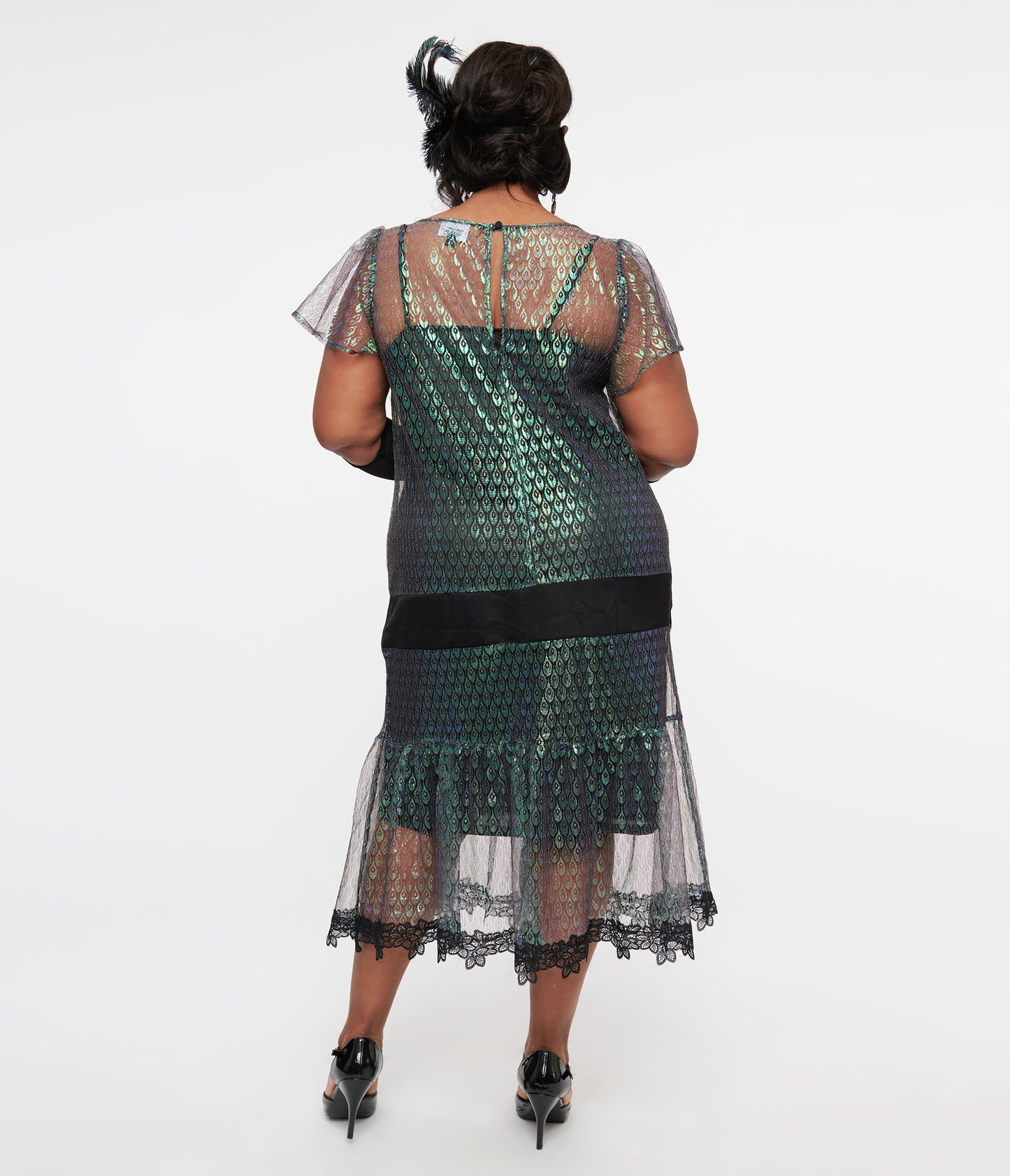 Unique Vintage Plus Size 1920s Iridescent Peacock & Black Bow Flapper Dress