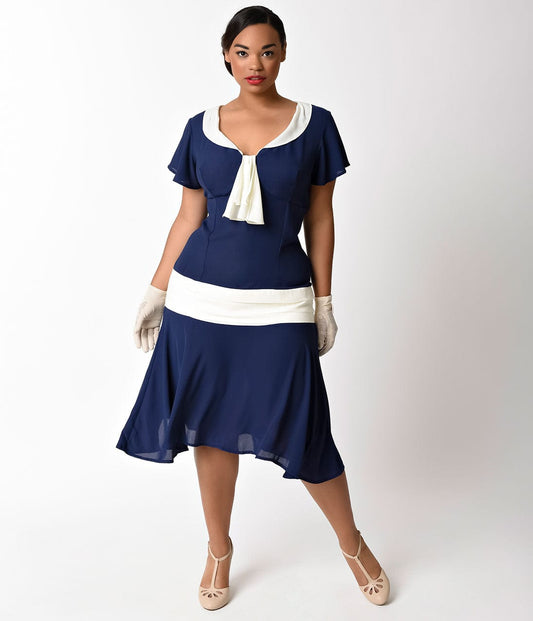 Unique Vintage Plus Size 1920s Navy Blue & Ivory Wilshire Flapper Day Dress
