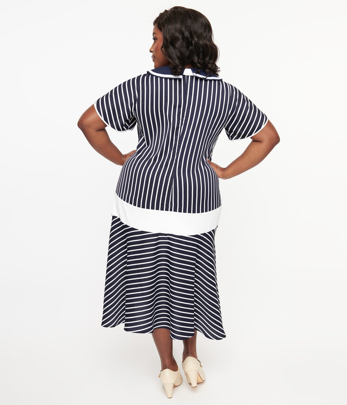 Unique Vintage Plus Size 1920s Navy & White Striped Flapper Dress