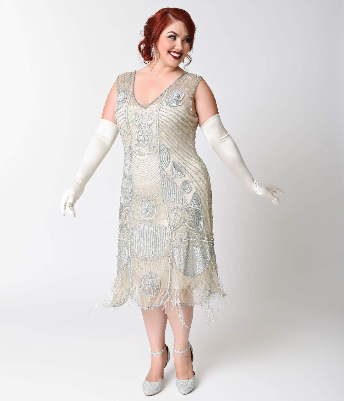 Special Order - Unique Vintage Plus Size 1920s Style Silver Hand Beaded Fringe Bosley Flapper Dress