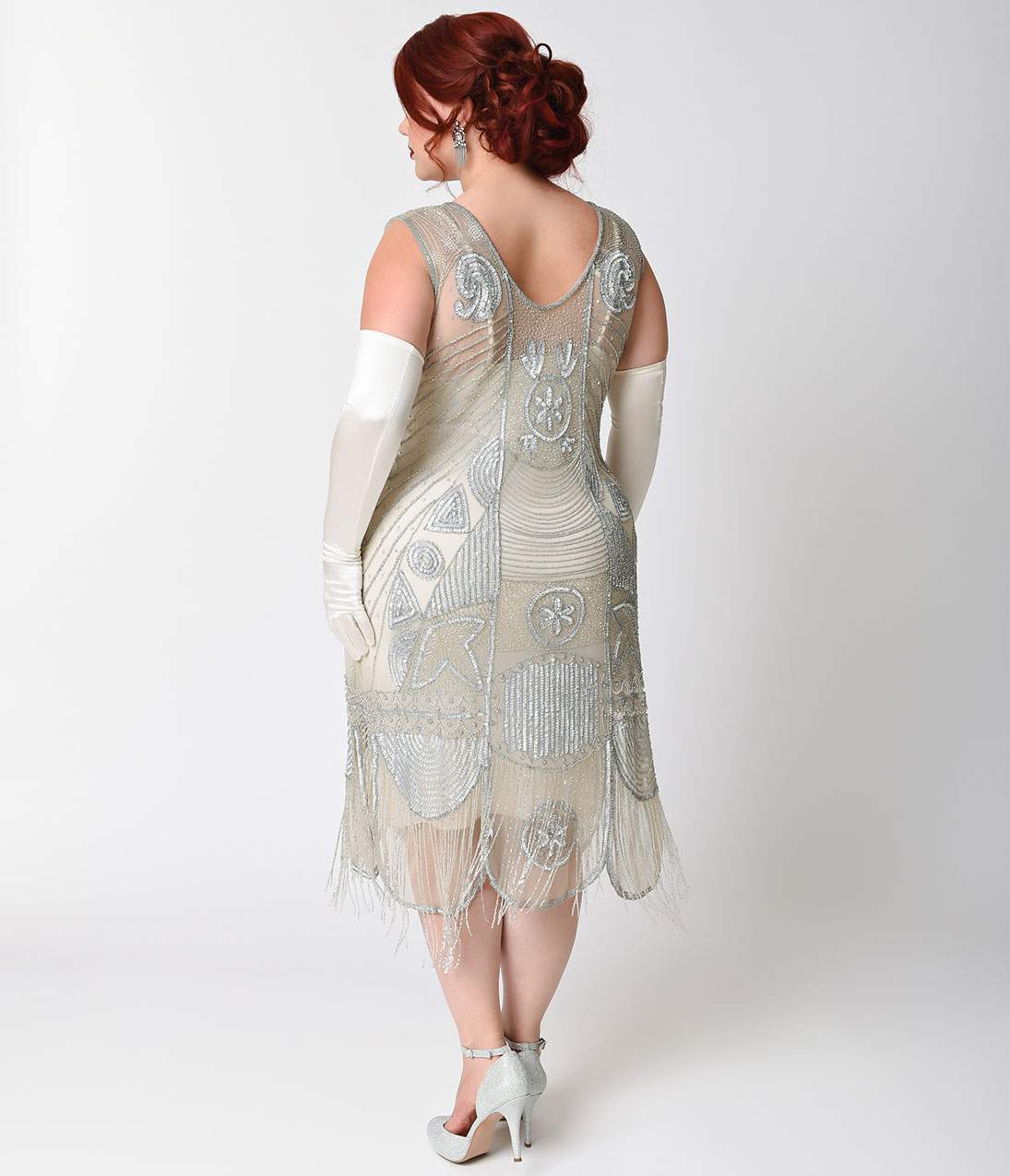 Special Order - Unique Vintage Plus Size 1920s Style Silver Hand Beaded Fringe Bosley Flapper Dress