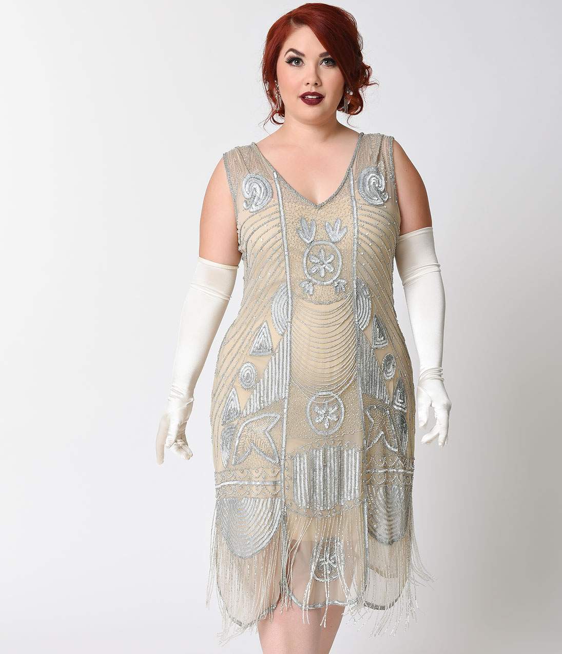 Special Order - Unique Vintage Plus Size 1920s Style Silver Hand Beaded Fringe Bosley Flapper Dress