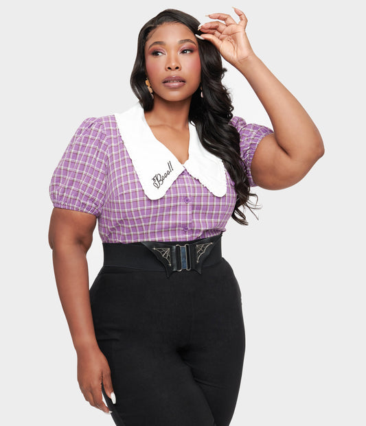 Unique Vintage Plus Size 1930s Purple Plaid Oversized Collar Blouse