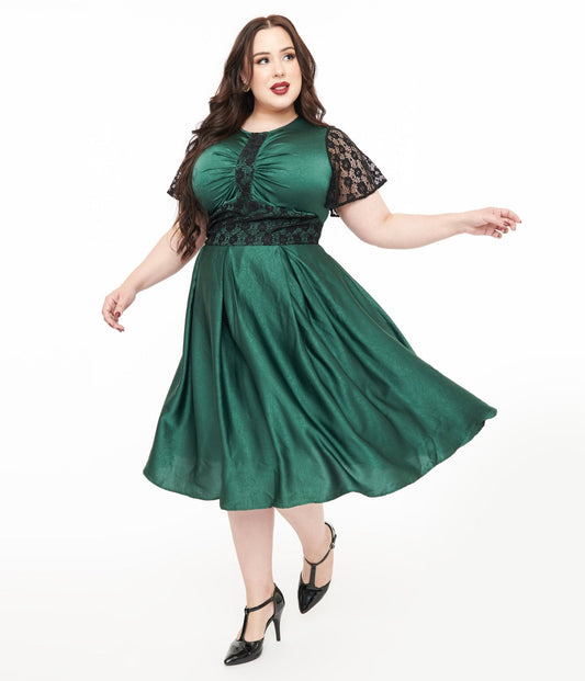 Unique Vintage Plus Size 1940s Emerald Green & Black Lace Swing Dress