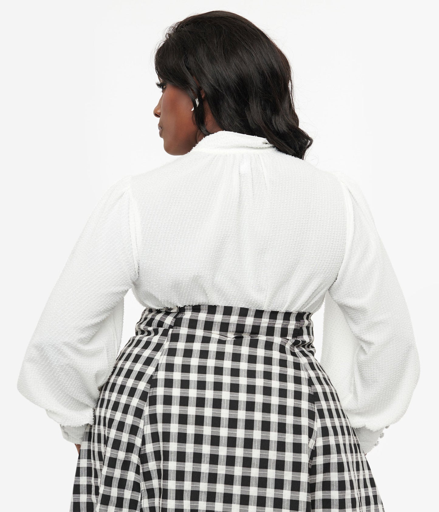 Unique Vintage Plus Size 1940s White Clip Dot Long Sleeve Bow Blouse