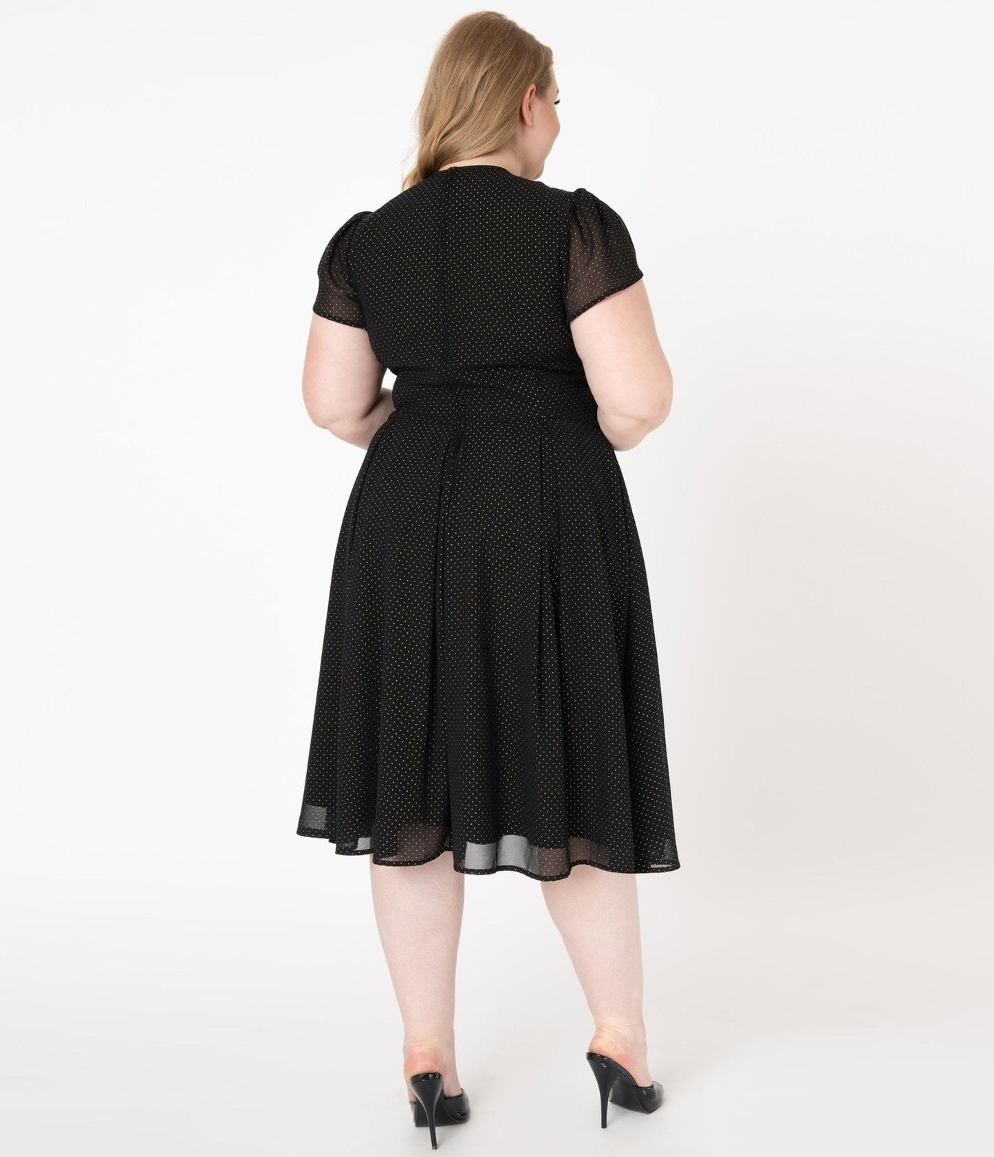 Unique Vintage Plus Size 1950s Black & Gold Pin Dot Dahlia Swing Dress