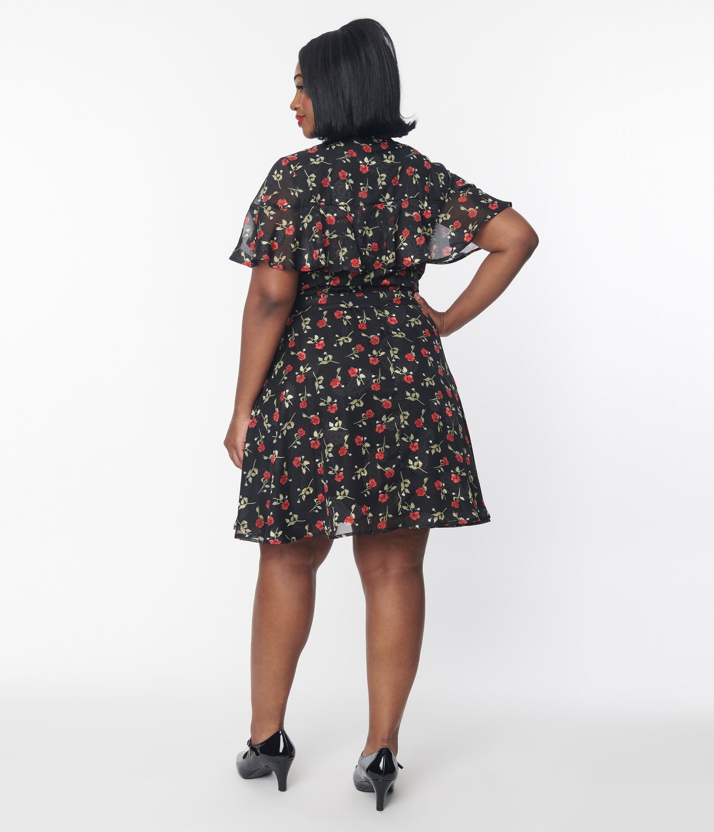 Unique Vintage Plus Size 1950s Black & Red Rose Capulet Fit & Flare Dress