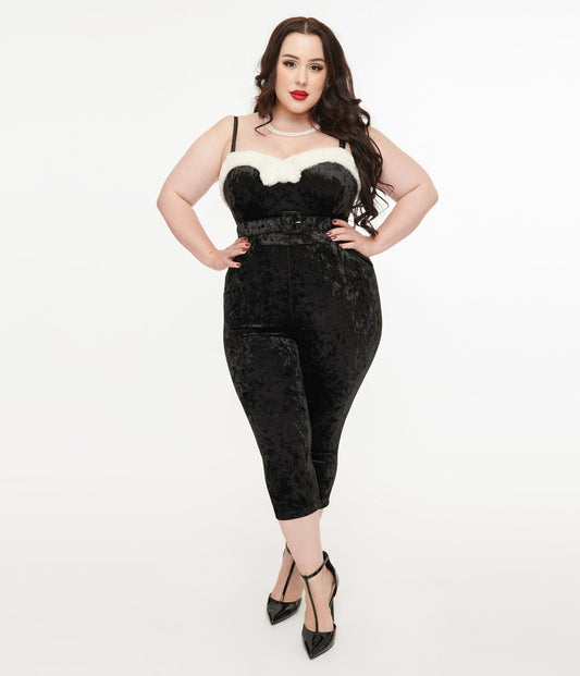 Unique Vintage Plus Size 1950s Black & White Faux Fur Cropped Jumpsuit