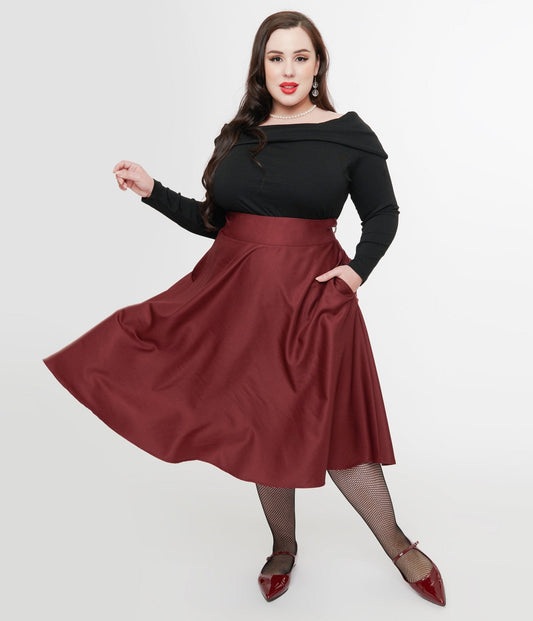 Unique Vintage Plus Size 1950s Burgundy High Waist Vivien Swing Skirt