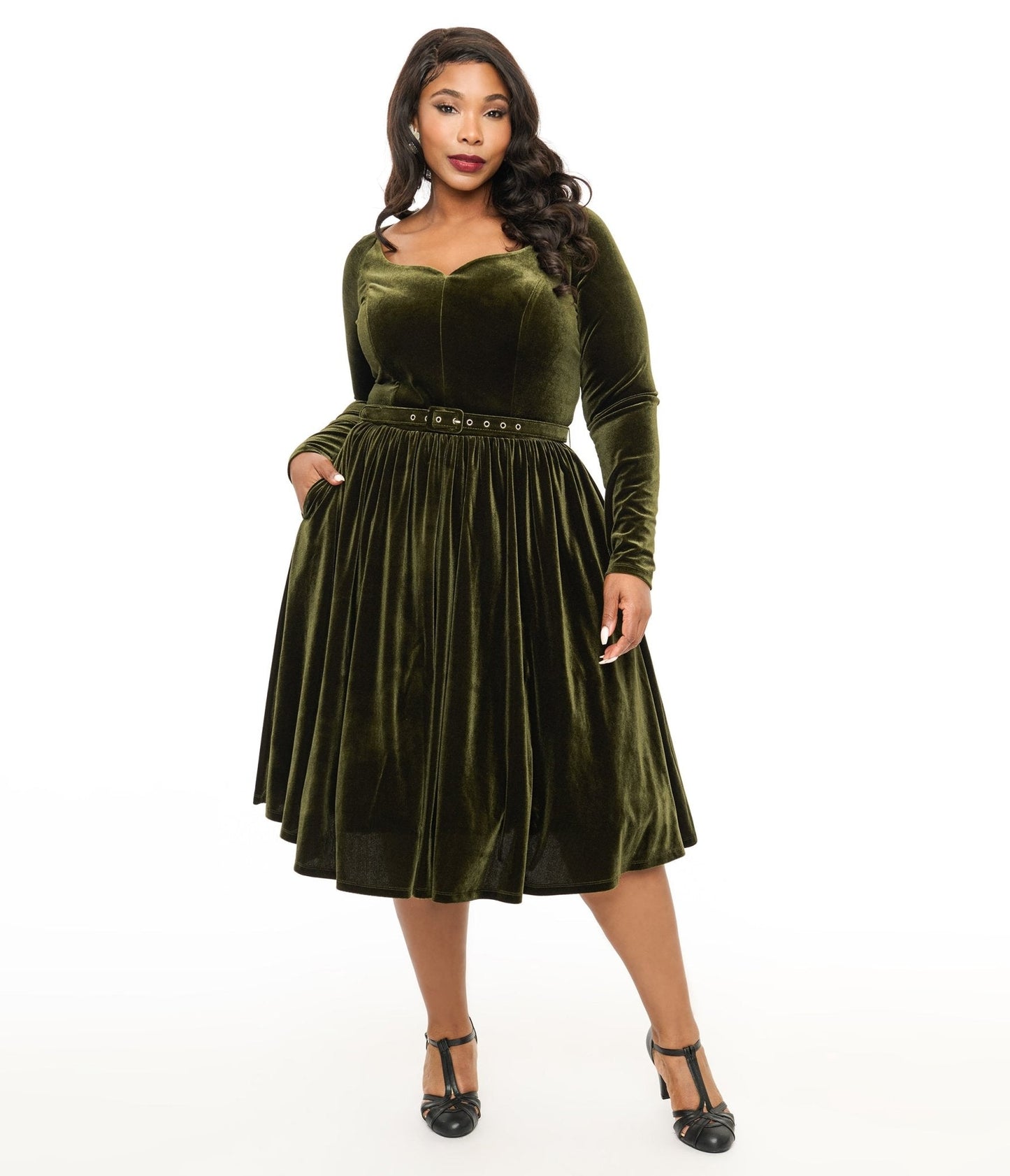 Unique Vintage Plus Size 1950s Dark Olive Velvet Sweetheart Swing Dress