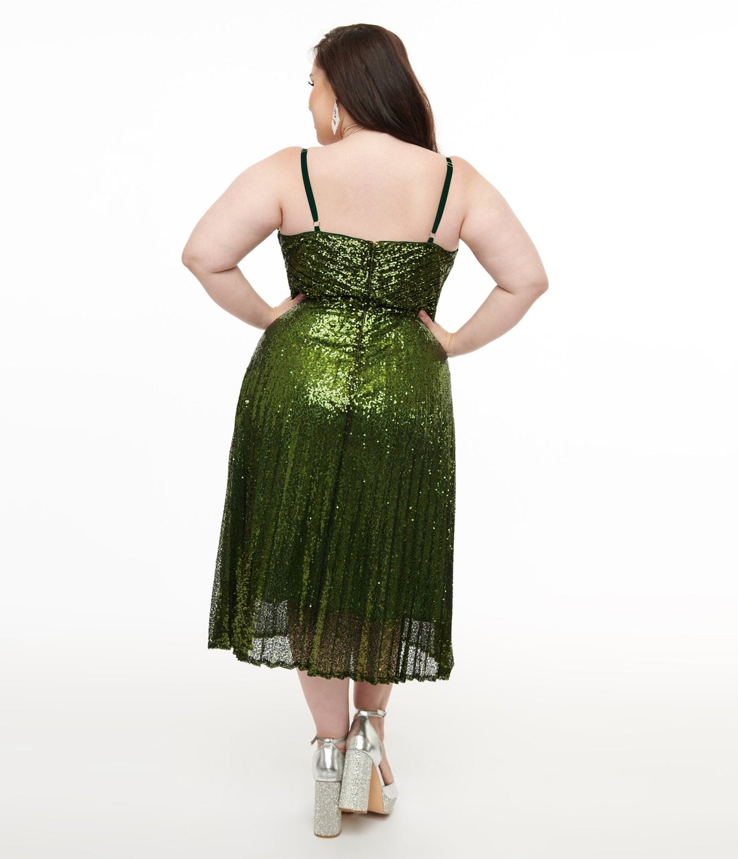 Unique Vintage Plus Size 1950s Emerald Pleated Sequin Swing Dress