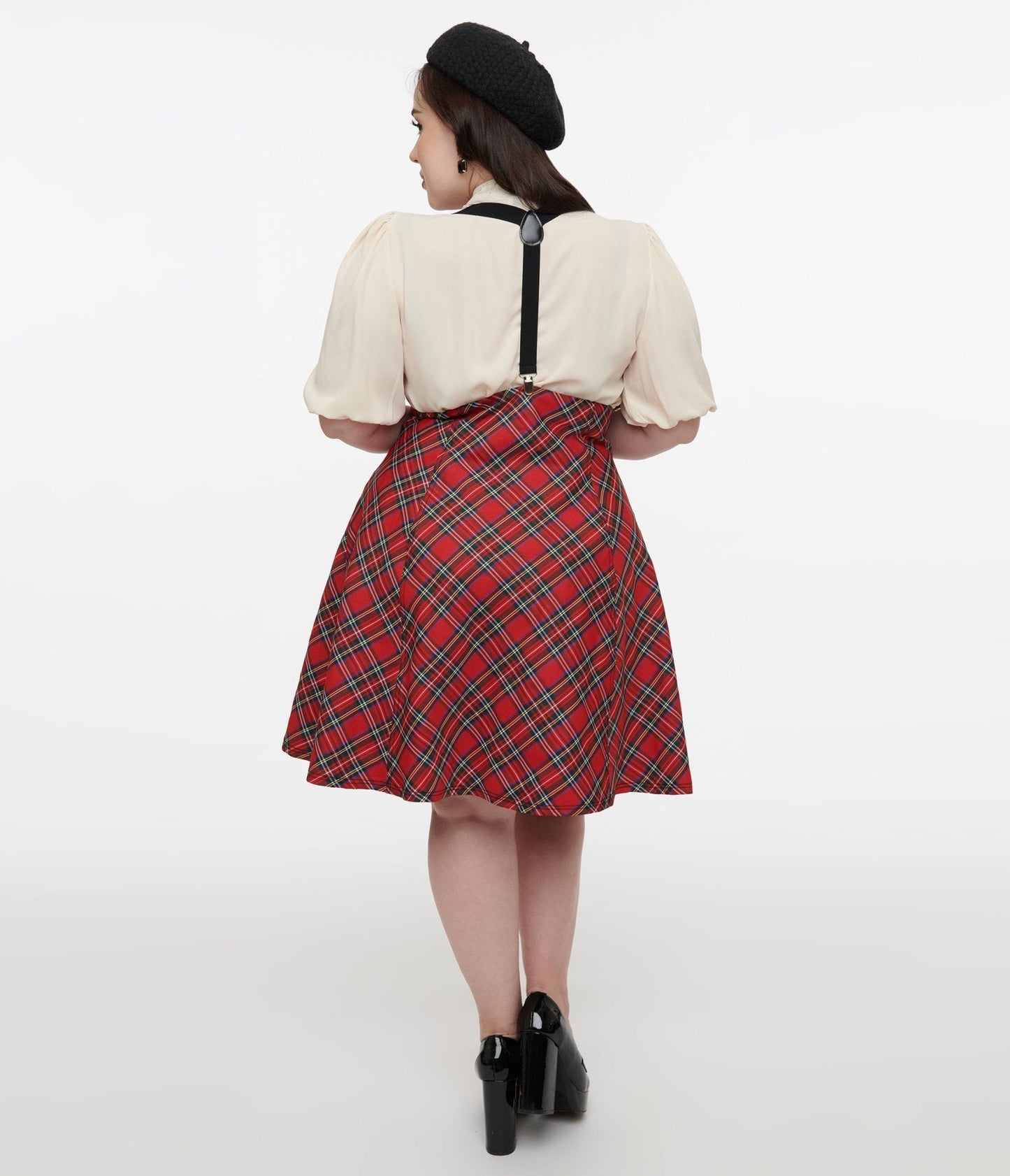 Unique Vintage Plus Size 1950s Red Bias Plaid Suspender Flare Skirt
