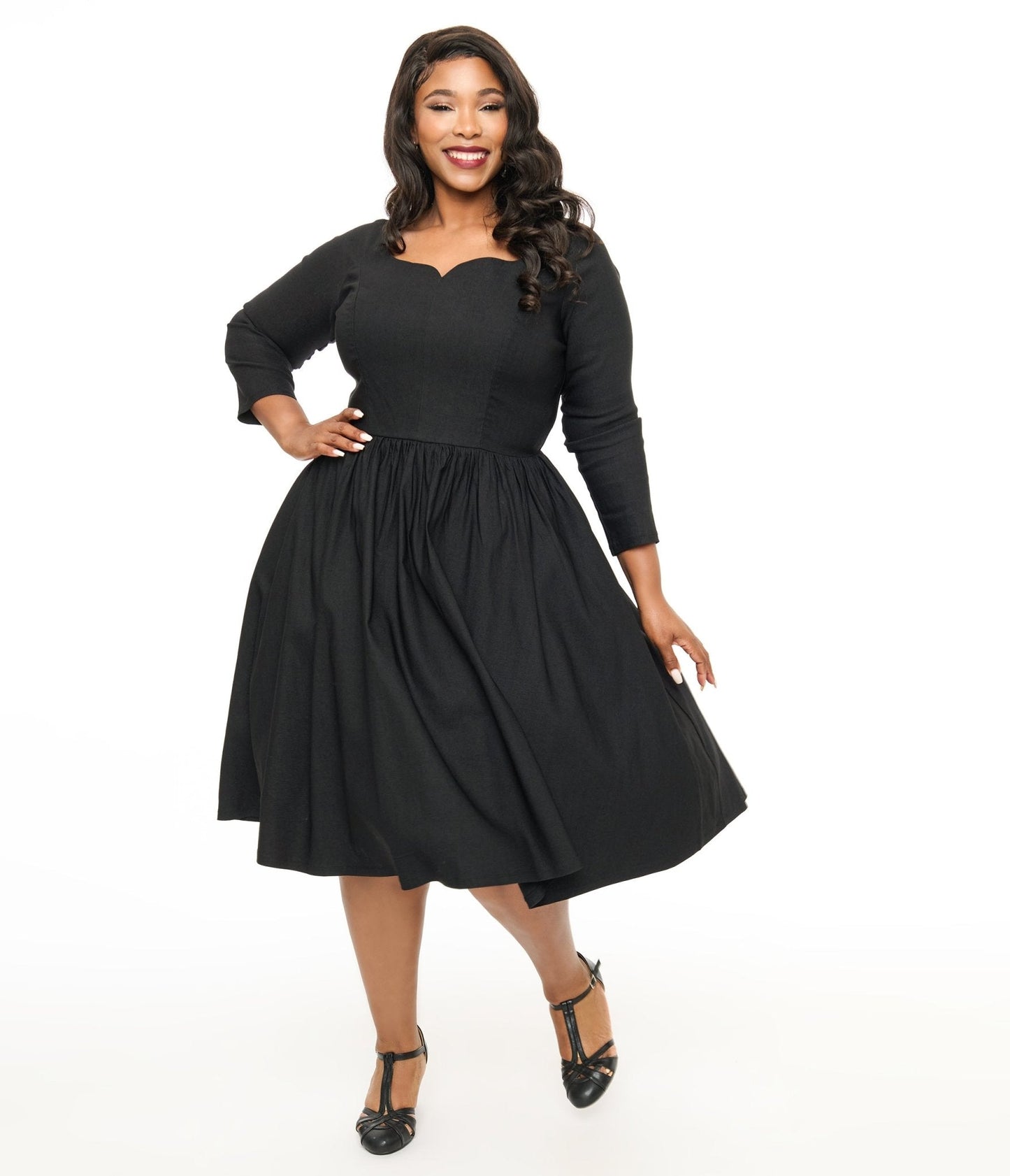 Unique Vintage Plus Size 1950s Solid Black Sweetheart Swing Dress