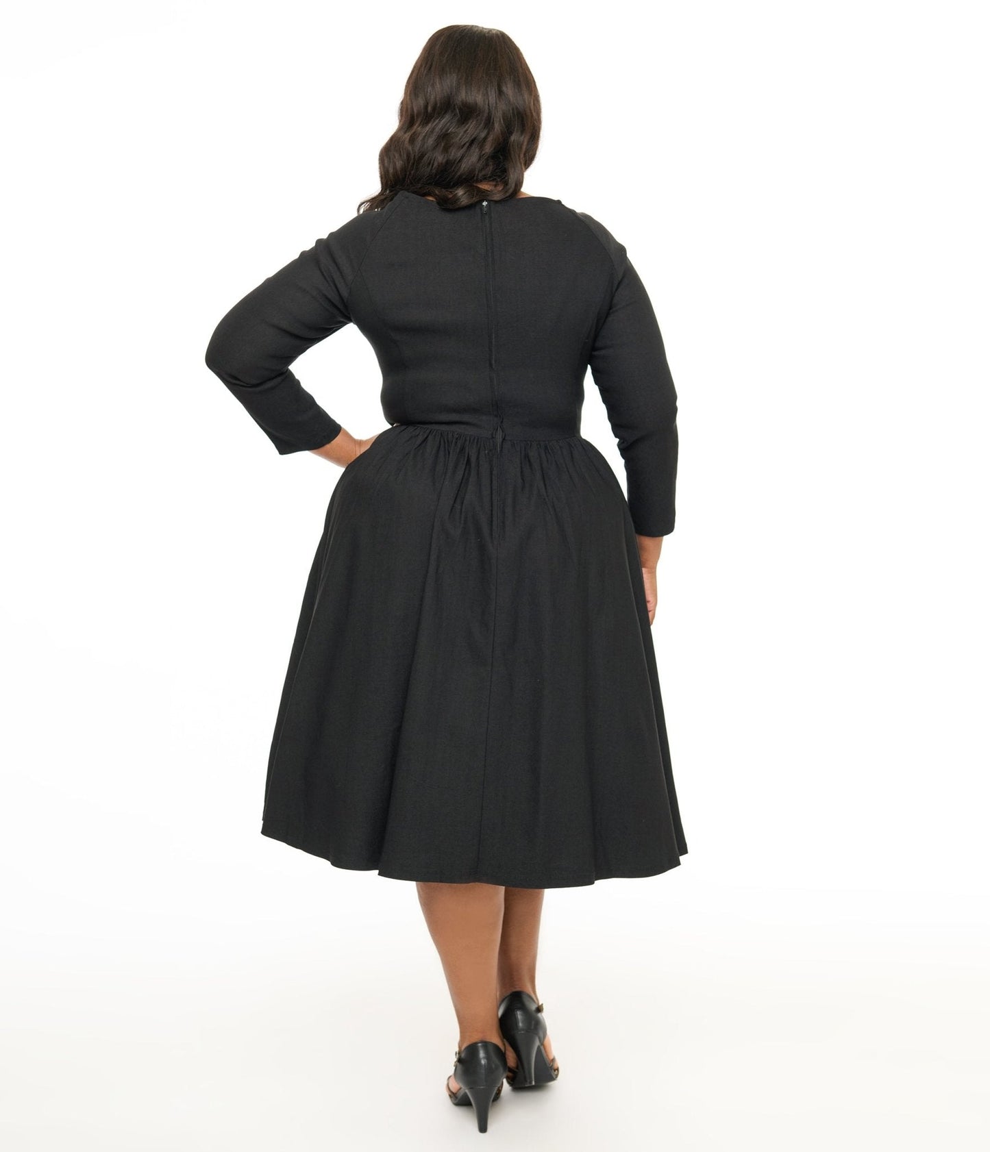 Unique Vintage Plus Size 1950s Solid Black Sweetheart Swing Dress