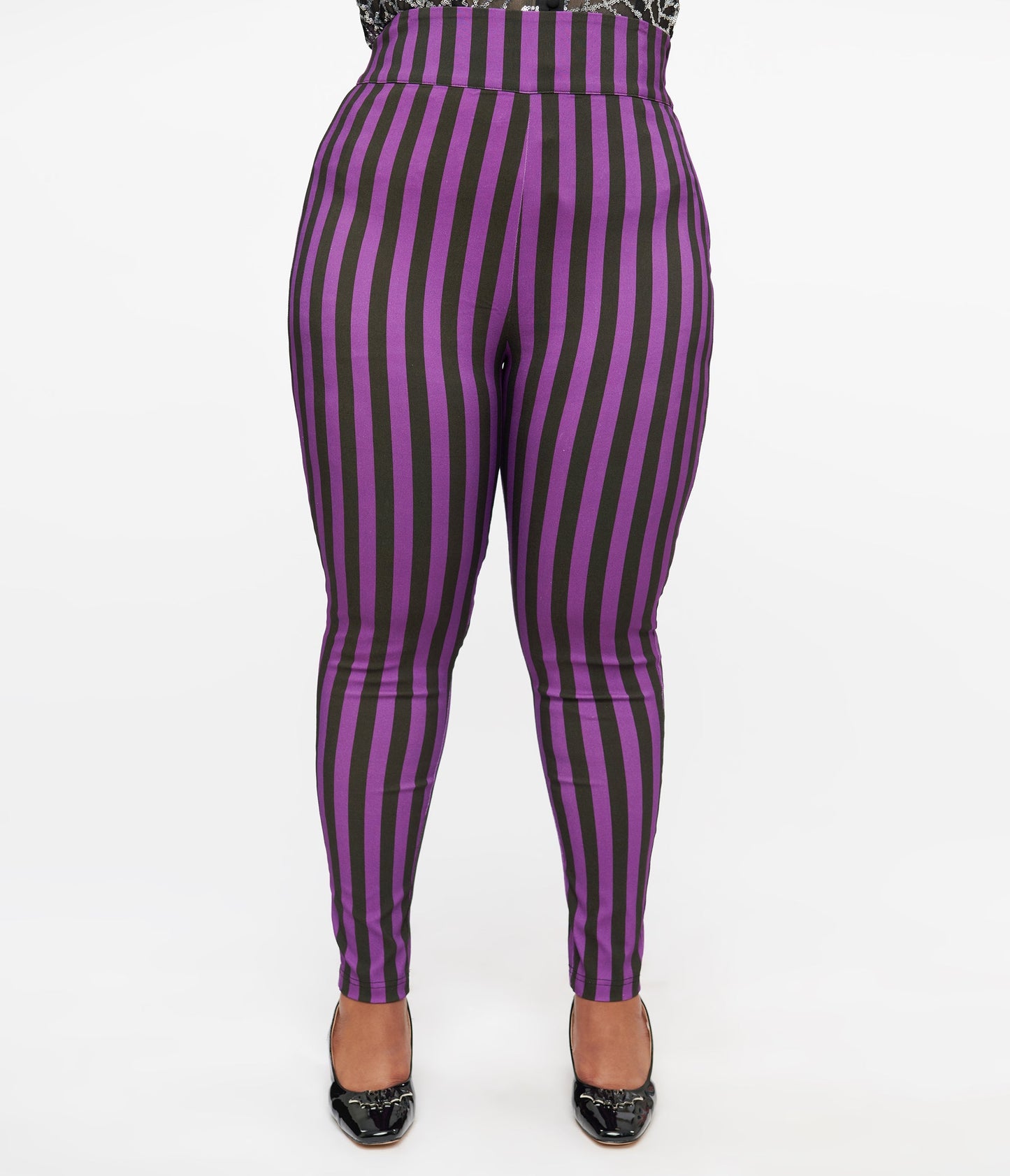 Unique Vintage Plus Size 1960s Black & Purple Stripe High Waist Cigarette Pants