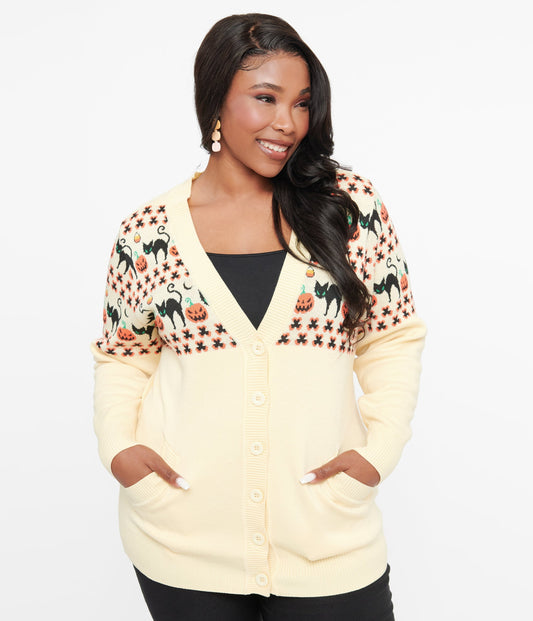 Unique Vintage Plus Size 1960s Ivory & Orange Halloween Print Cardigan