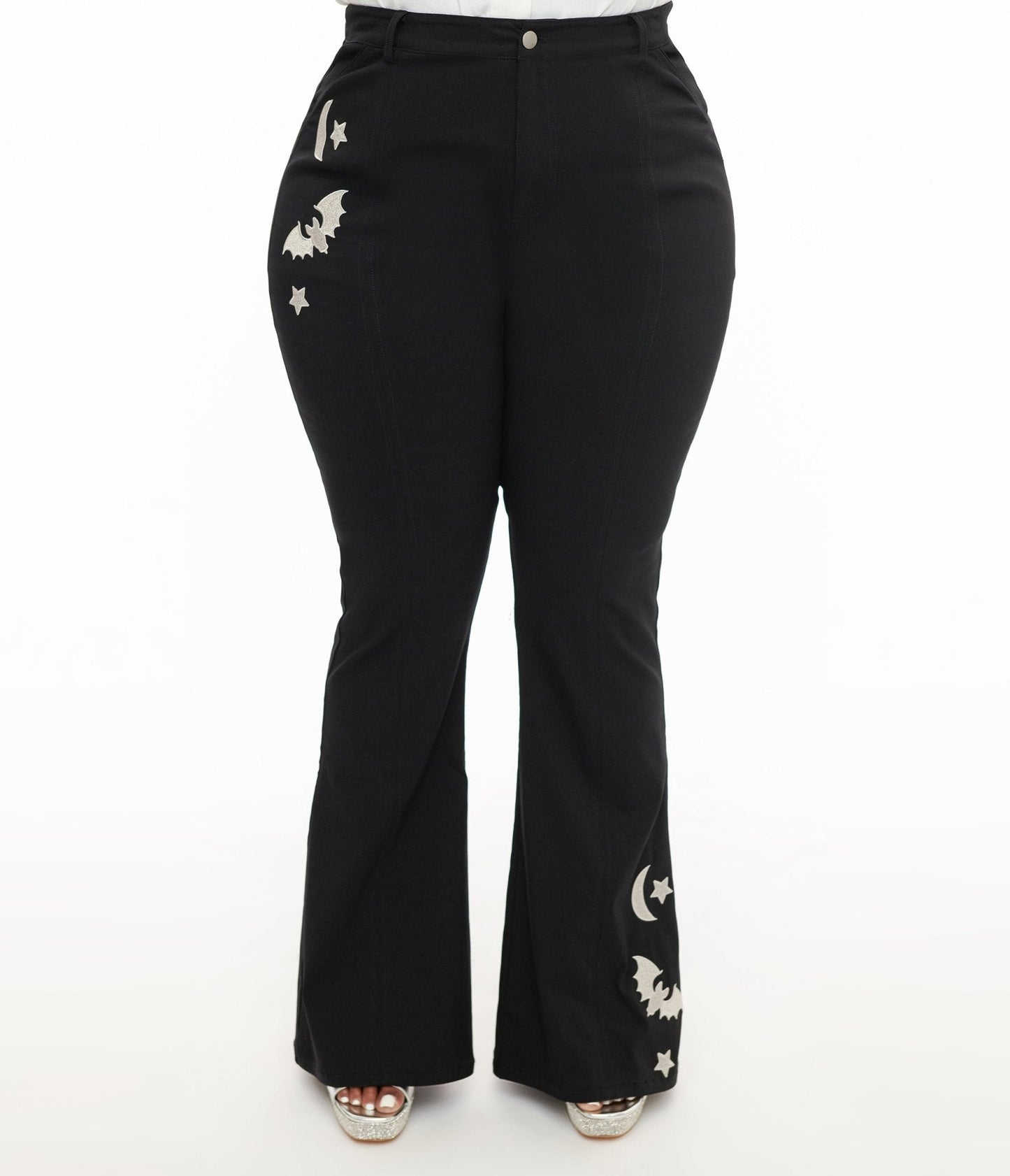 Unique Vintage Plus Size 1970s Black & Silver Bats Flare Pants