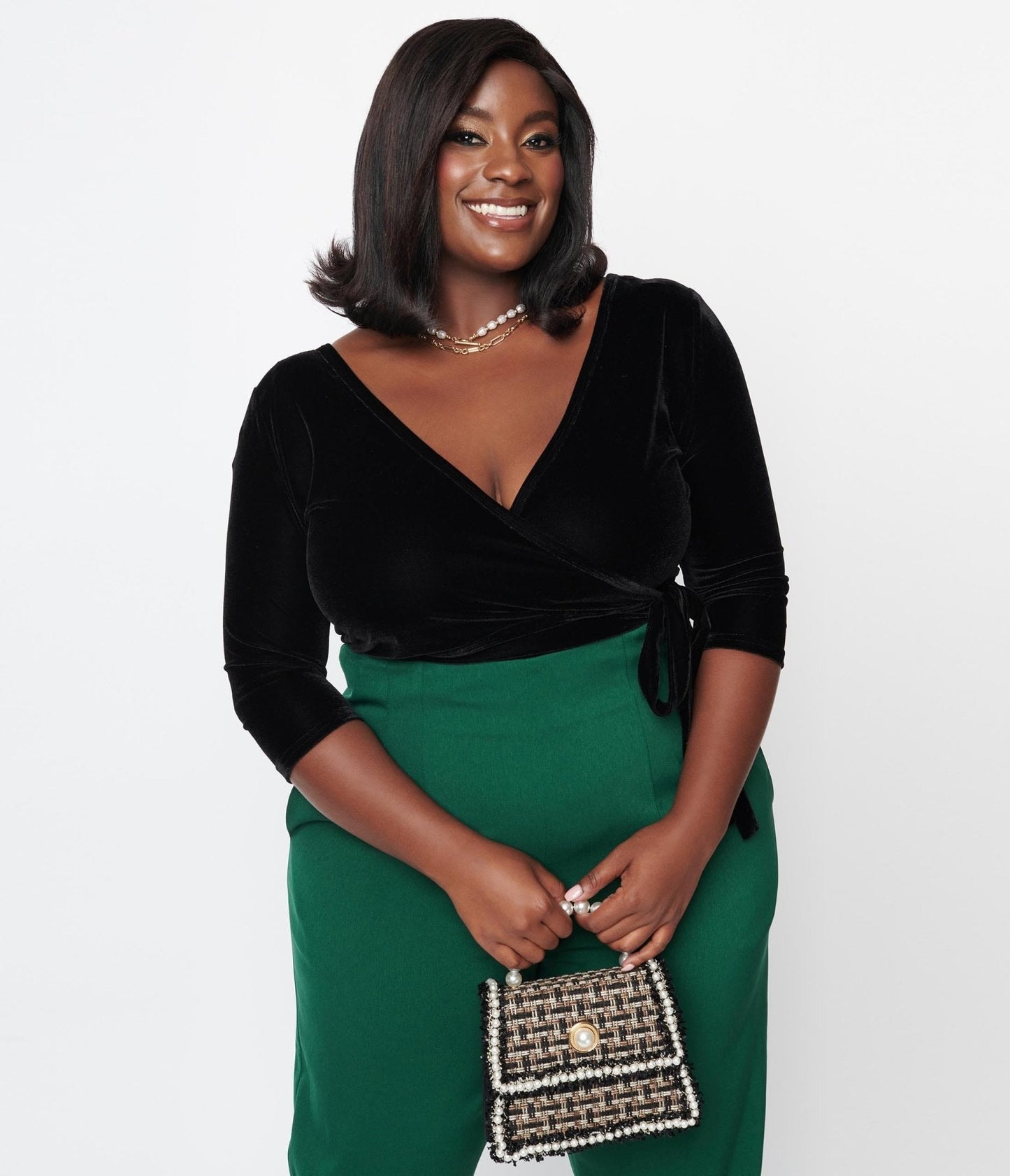 Unique Vintage Plus Size 1970s Black Velvet Surplice Bodysuit