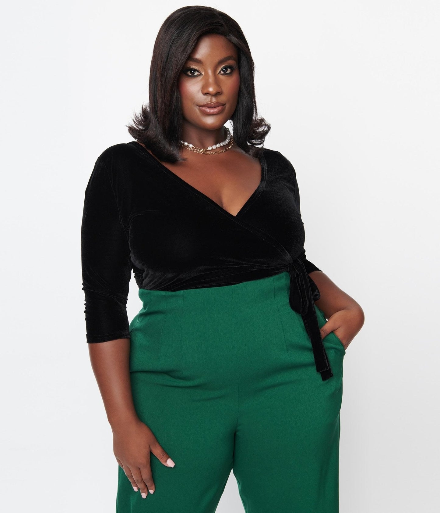 Unique Vintage Plus Size 1970s Black Velvet Surplice Bodysuit