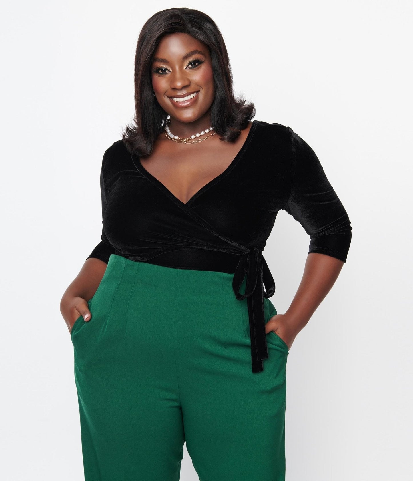 Unique Vintage Plus Size 1970s Black Velvet Surplice Bodysuit