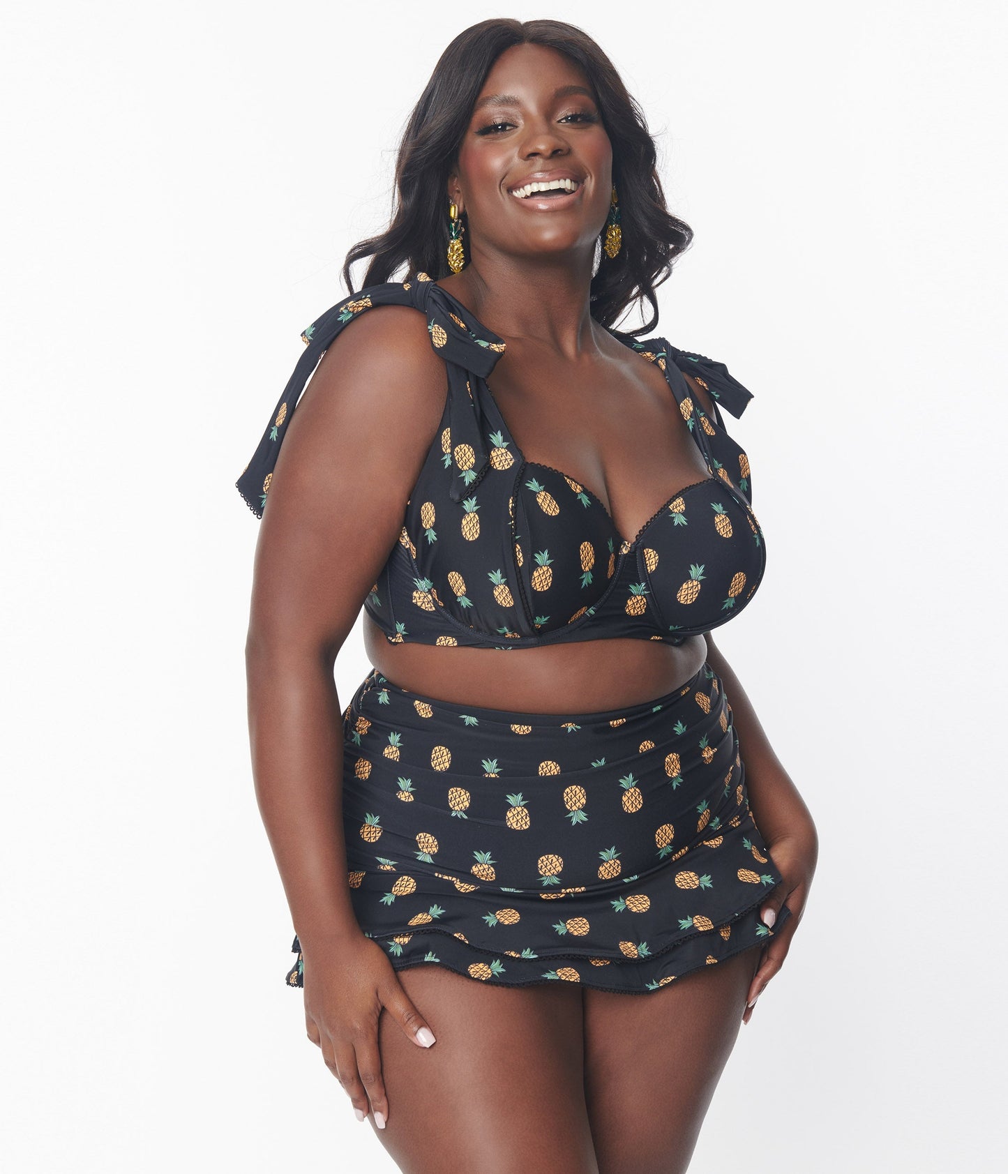 Unique Vintage Plus Size Black & Pineapple Print Totally Tied Up Swim Top