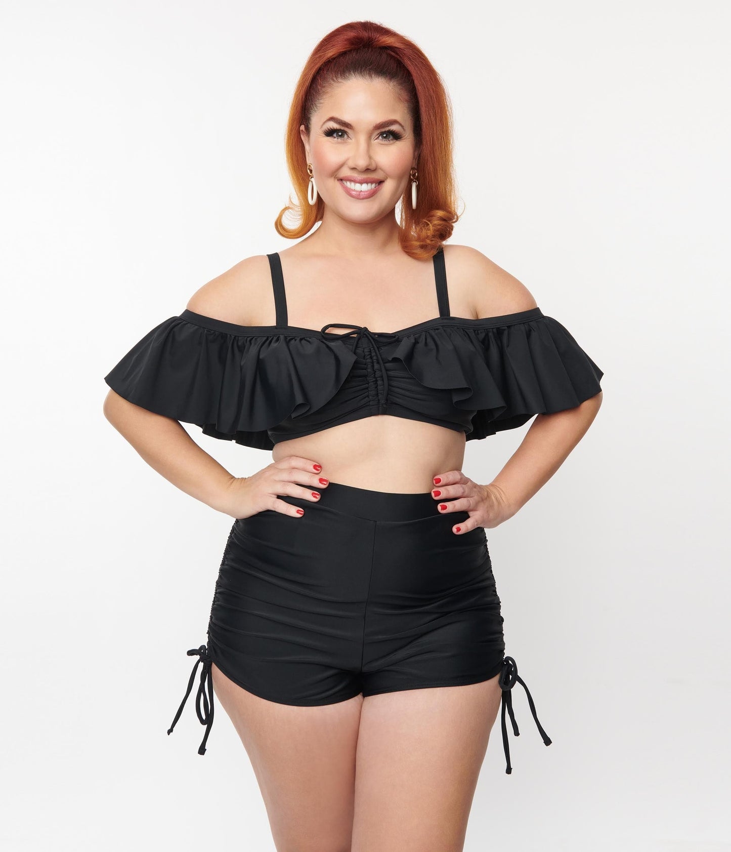 Unique Vintage Plus Size Black Ruffled Swim Top