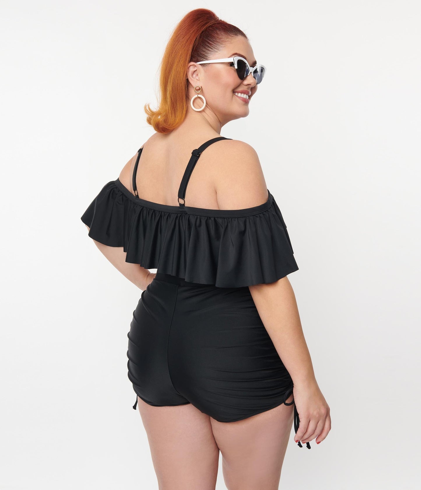 Unique Vintage Plus Size Black Ruffled Swim Top