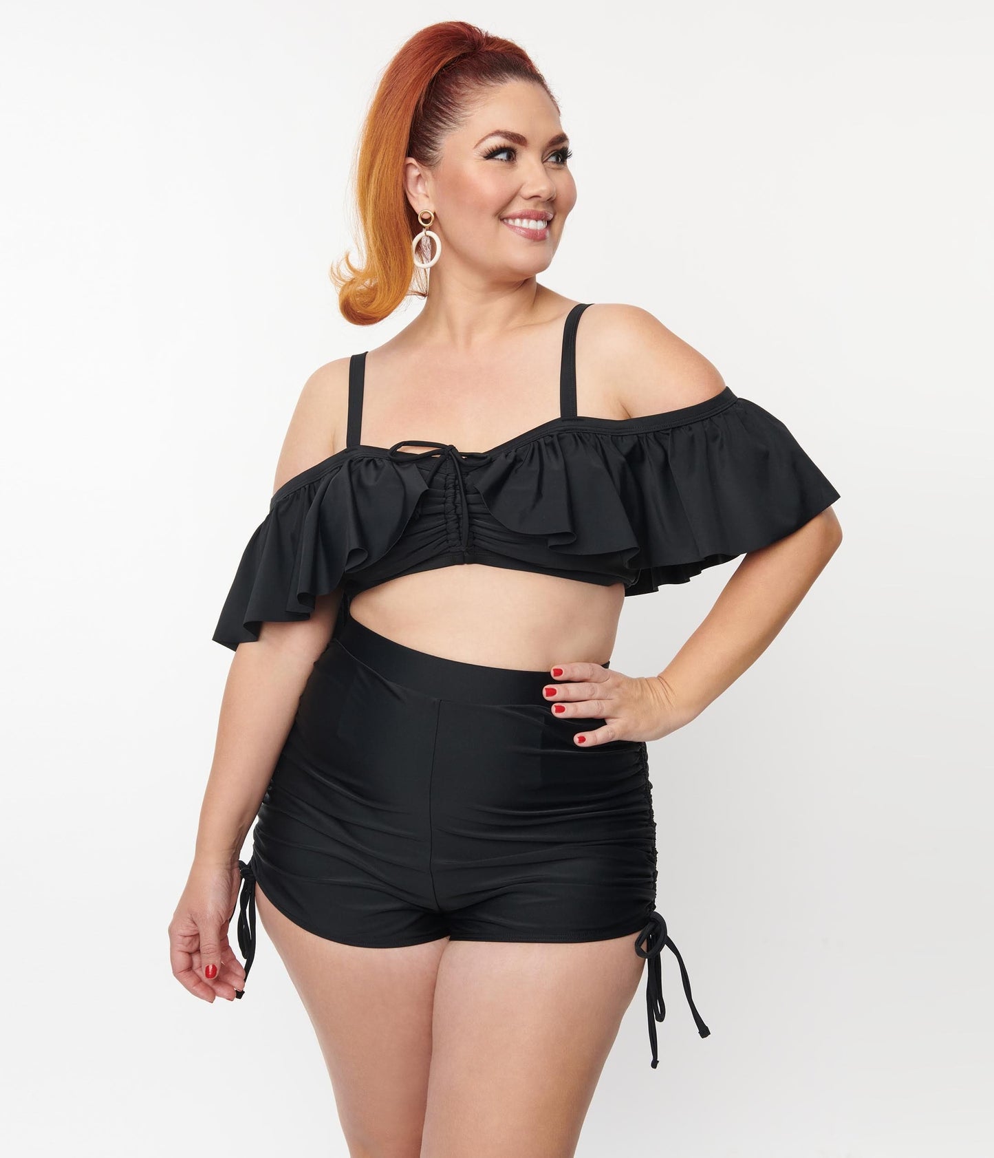 Unique Vintage Plus Size Black Ruffled Swim Top