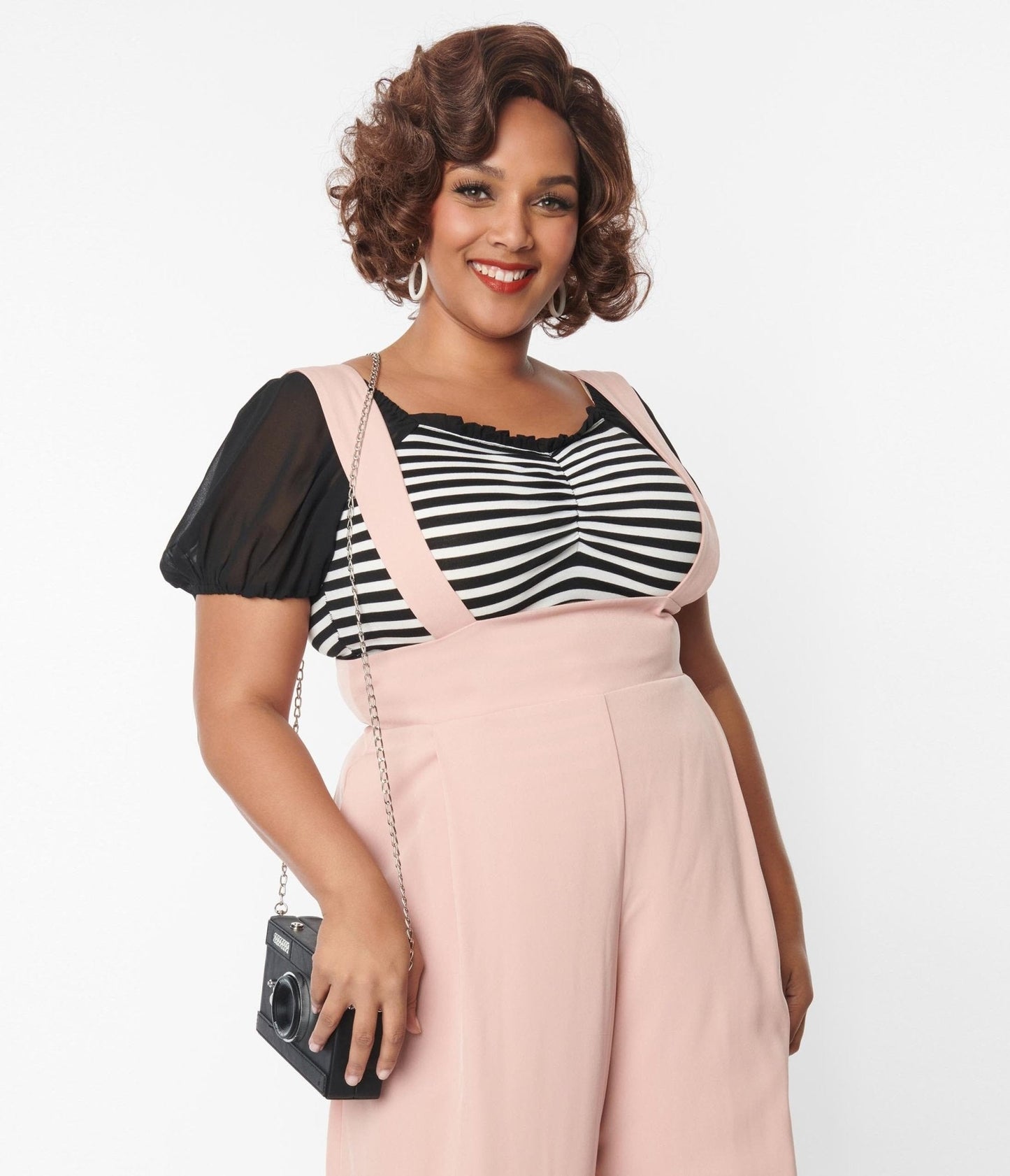 Unique Vintage Plus Size 1940s Black & White Striped Short Sleeve Bodysuit