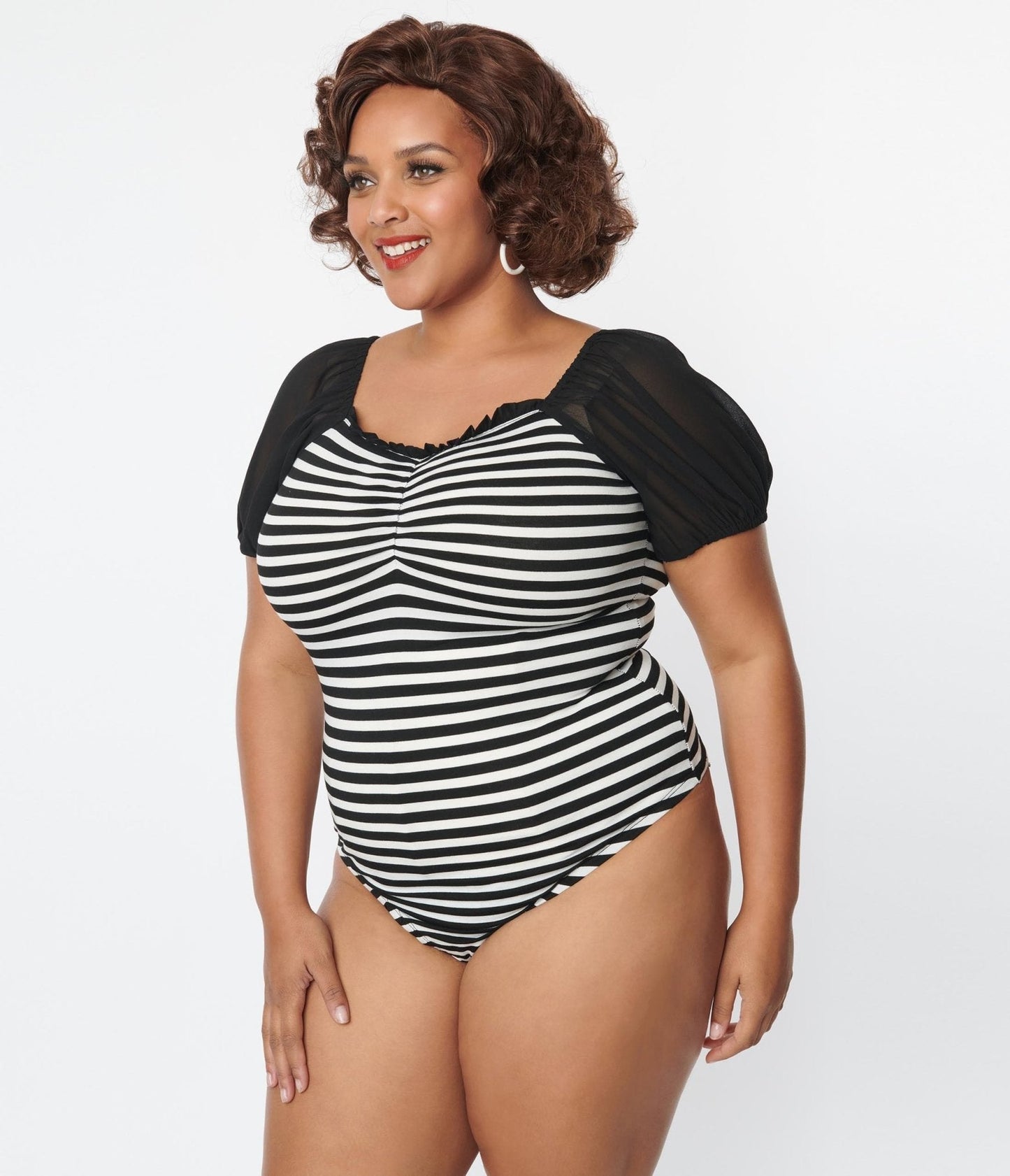 Unique Vintage Plus Size 1940s Black & White Striped Short Sleeve Bodysuit